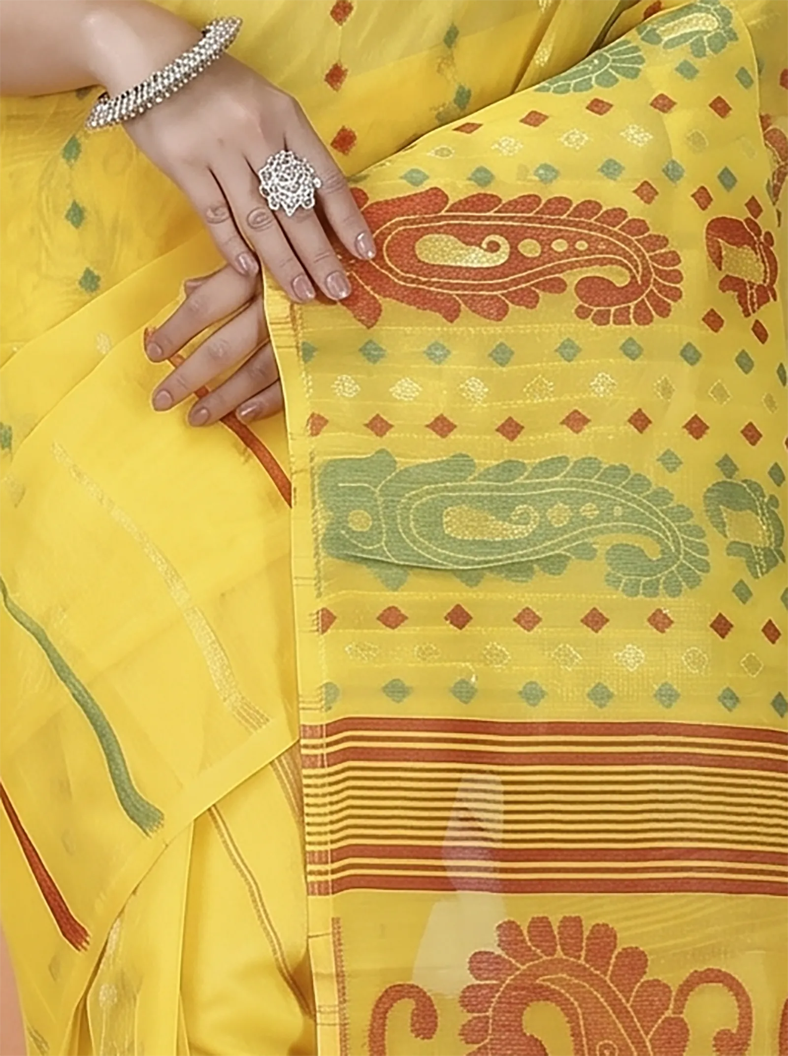 DipDiya Pure Cotton  Traditional Bengali Yellow Artisan Crafted Vani Jamdani Saree