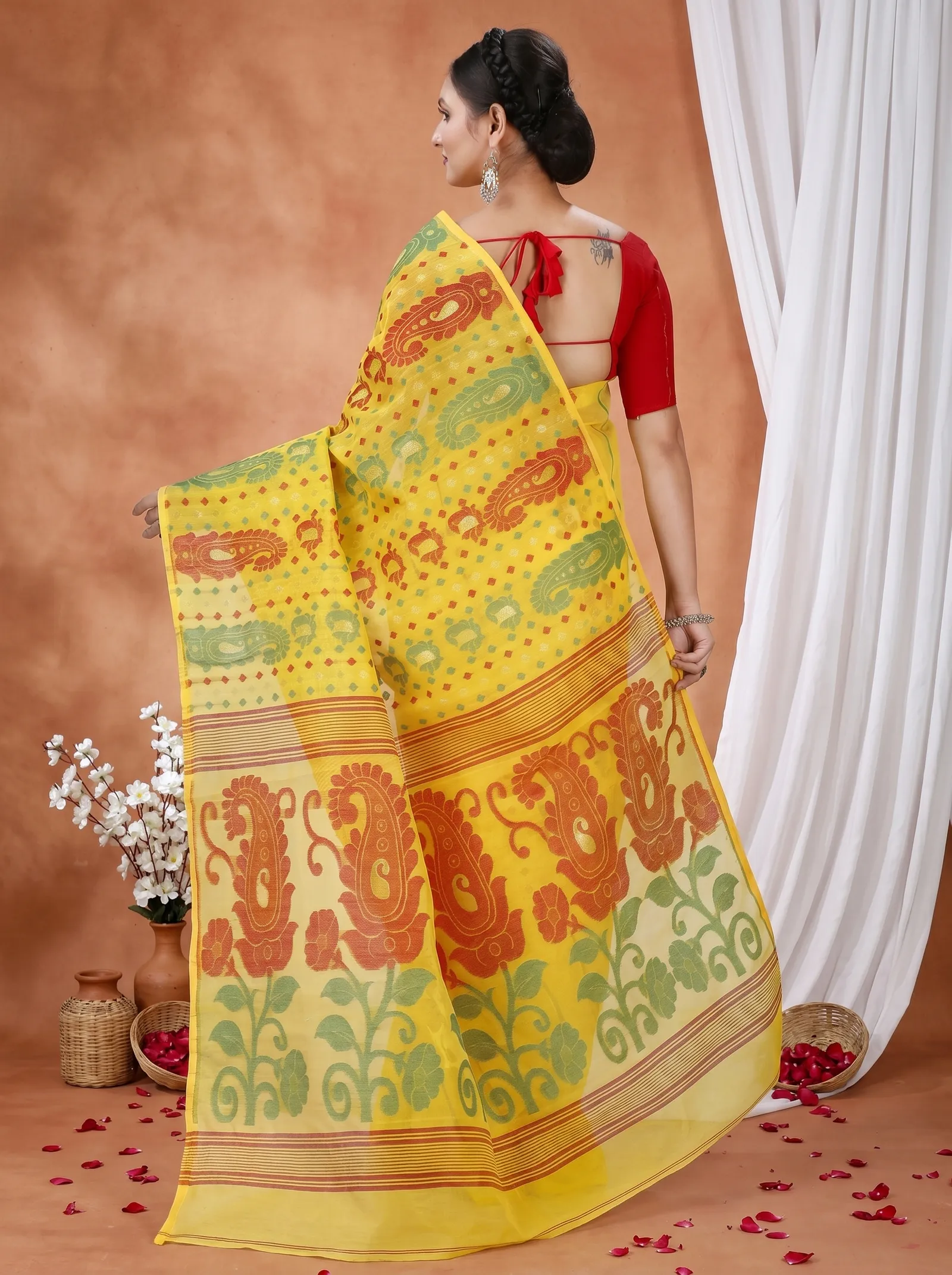 DipDiya Pure Cotton  Traditional Bengali Yellow Artisan Crafted Vani Jamdani Saree