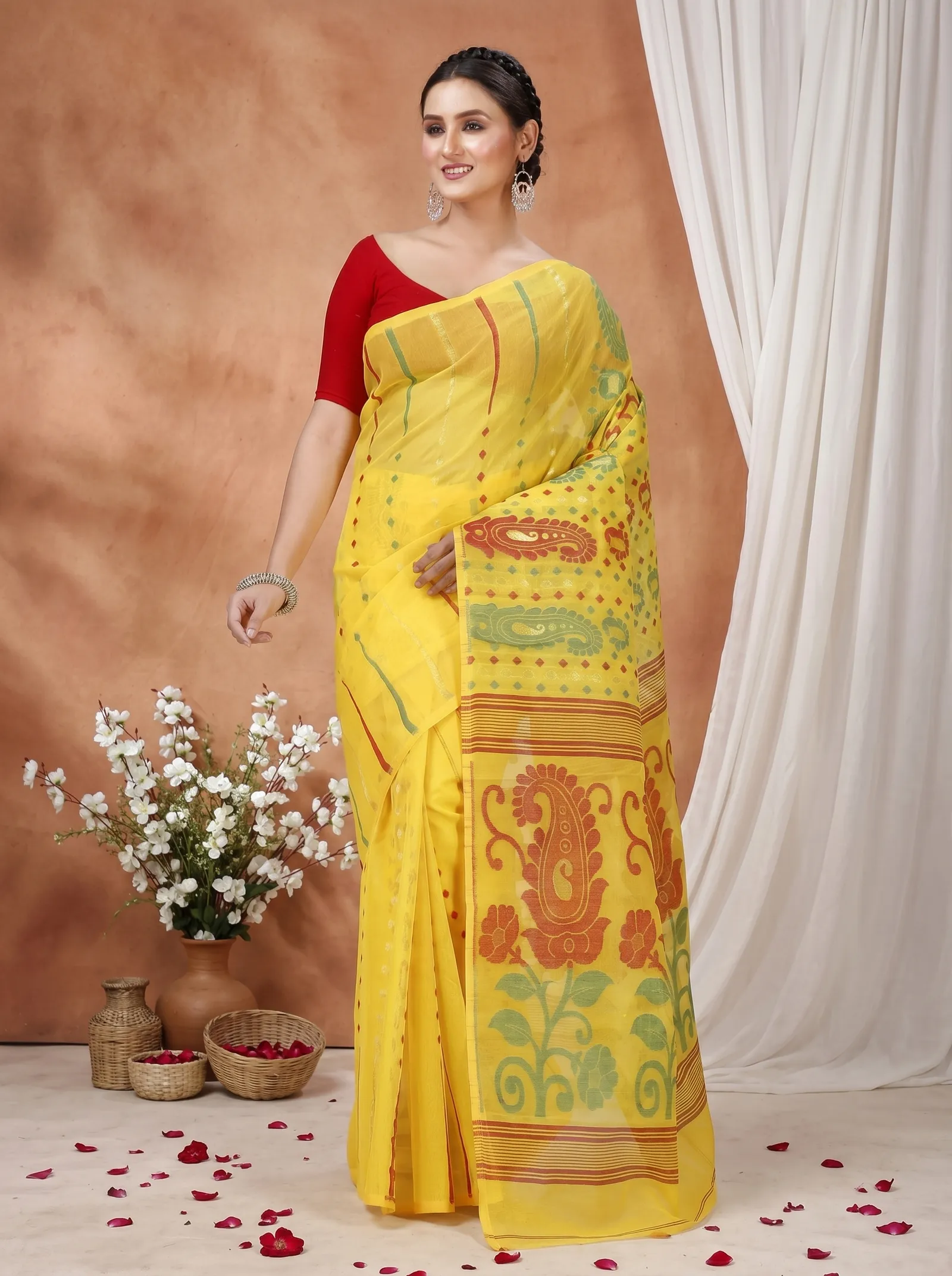 DipDiya Pure Cotton  Traditional Bengali Yellow Artisan Crafted Vani Jamdani Saree