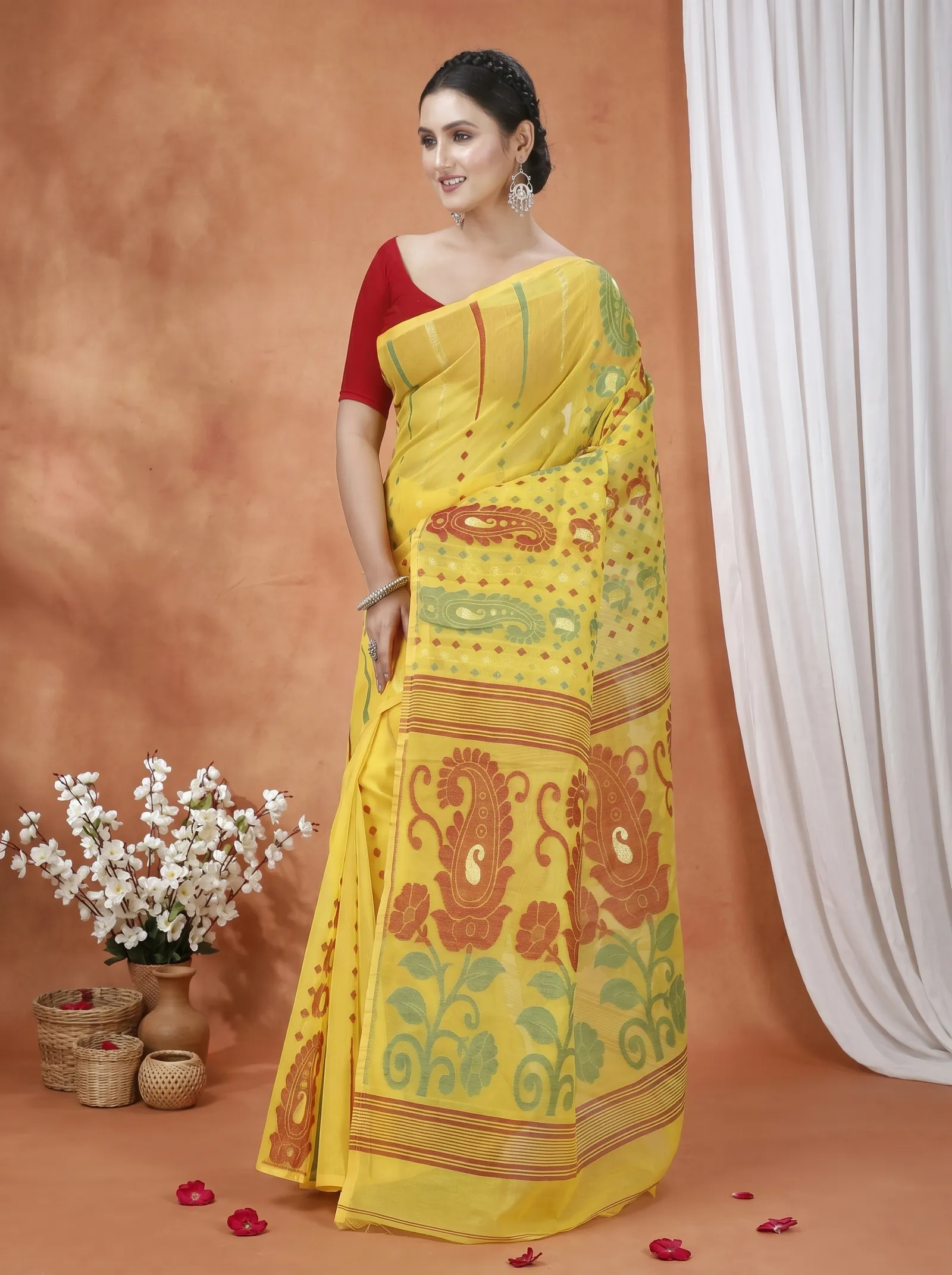 DipDiya Pure Cotton  Traditional Bengali Yellow Artisan Crafted Vani Jamdani Saree