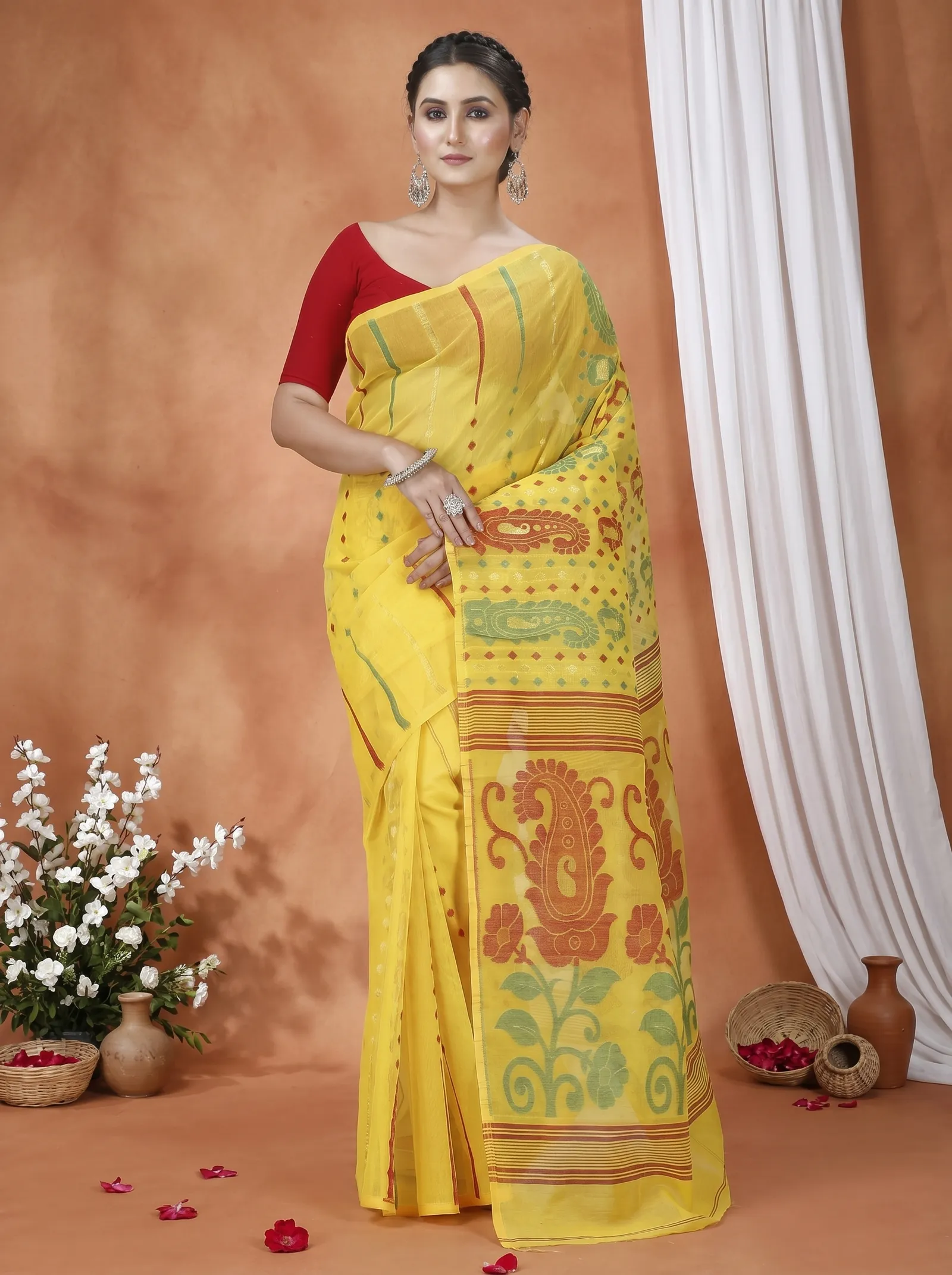 DipDiya Pure Cotton  Traditional Bengali Yellow Artisan Crafted Vani Jamdani Saree