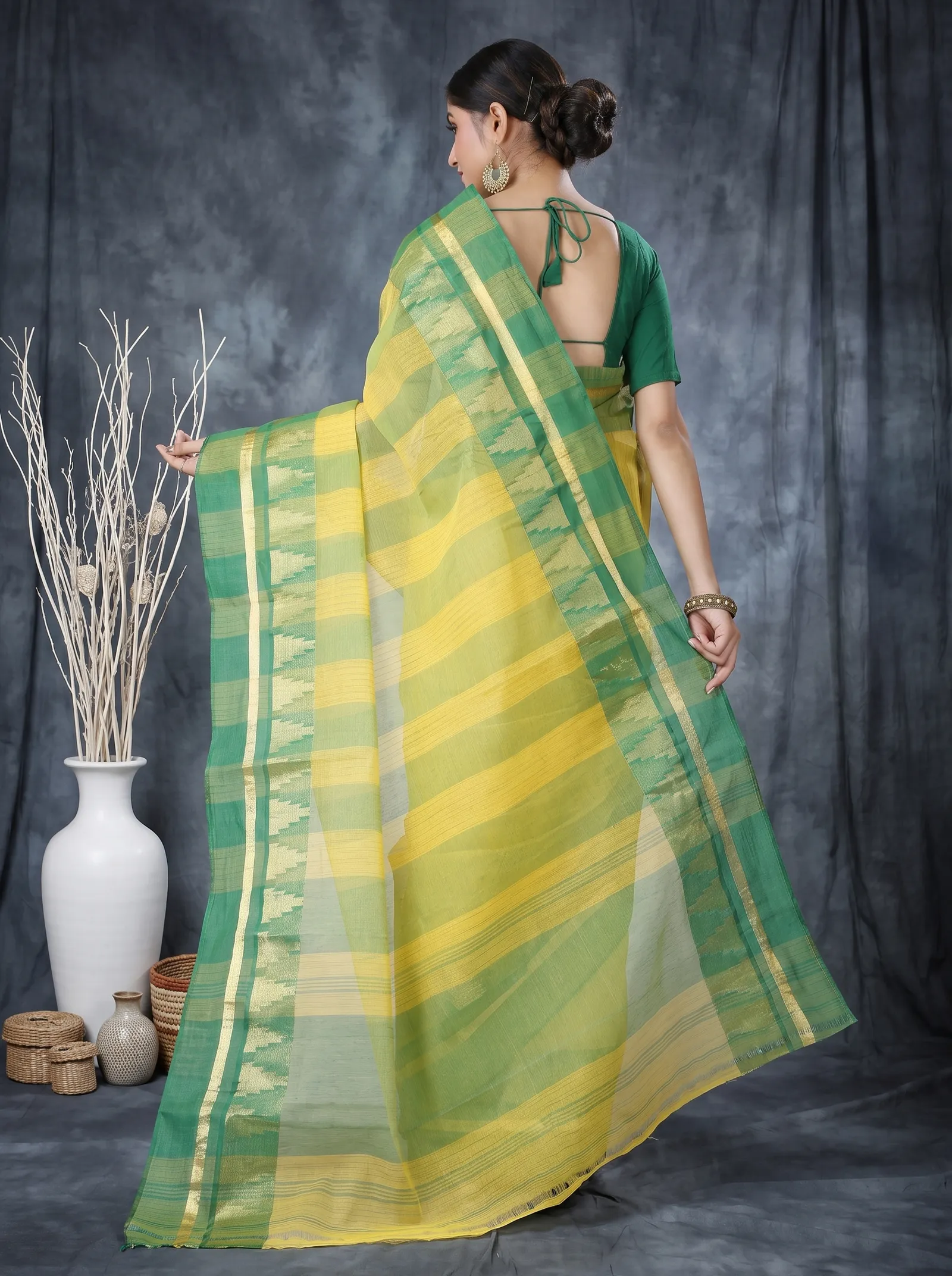 DipDiya Pure Cotton  Traditional Bengali Yellow Artisan Crafted Vrinda Tant Saree