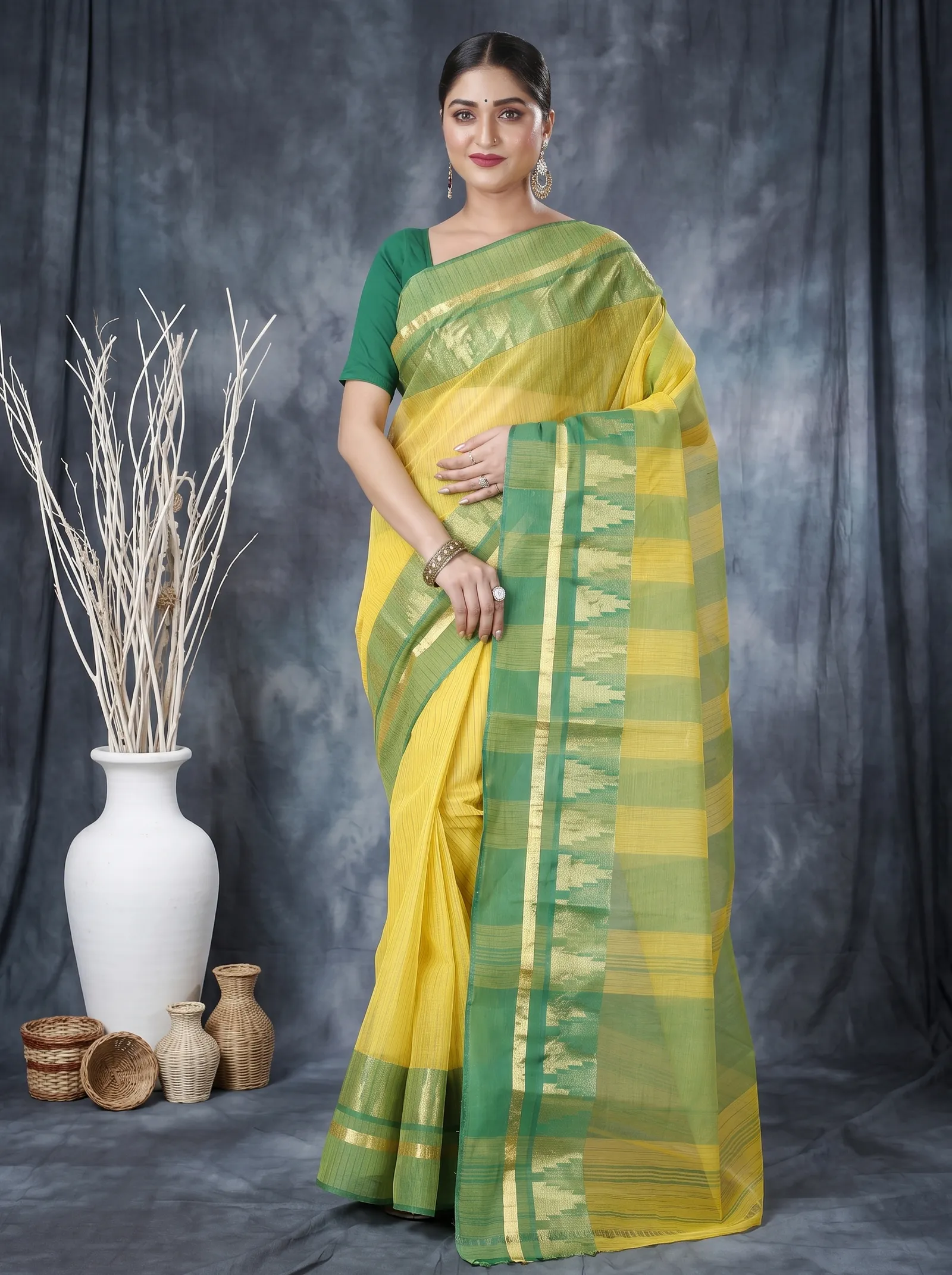 DipDiya Pure Cotton  Traditional Bengali Yellow Artisan Crafted Vrinda Tant Saree