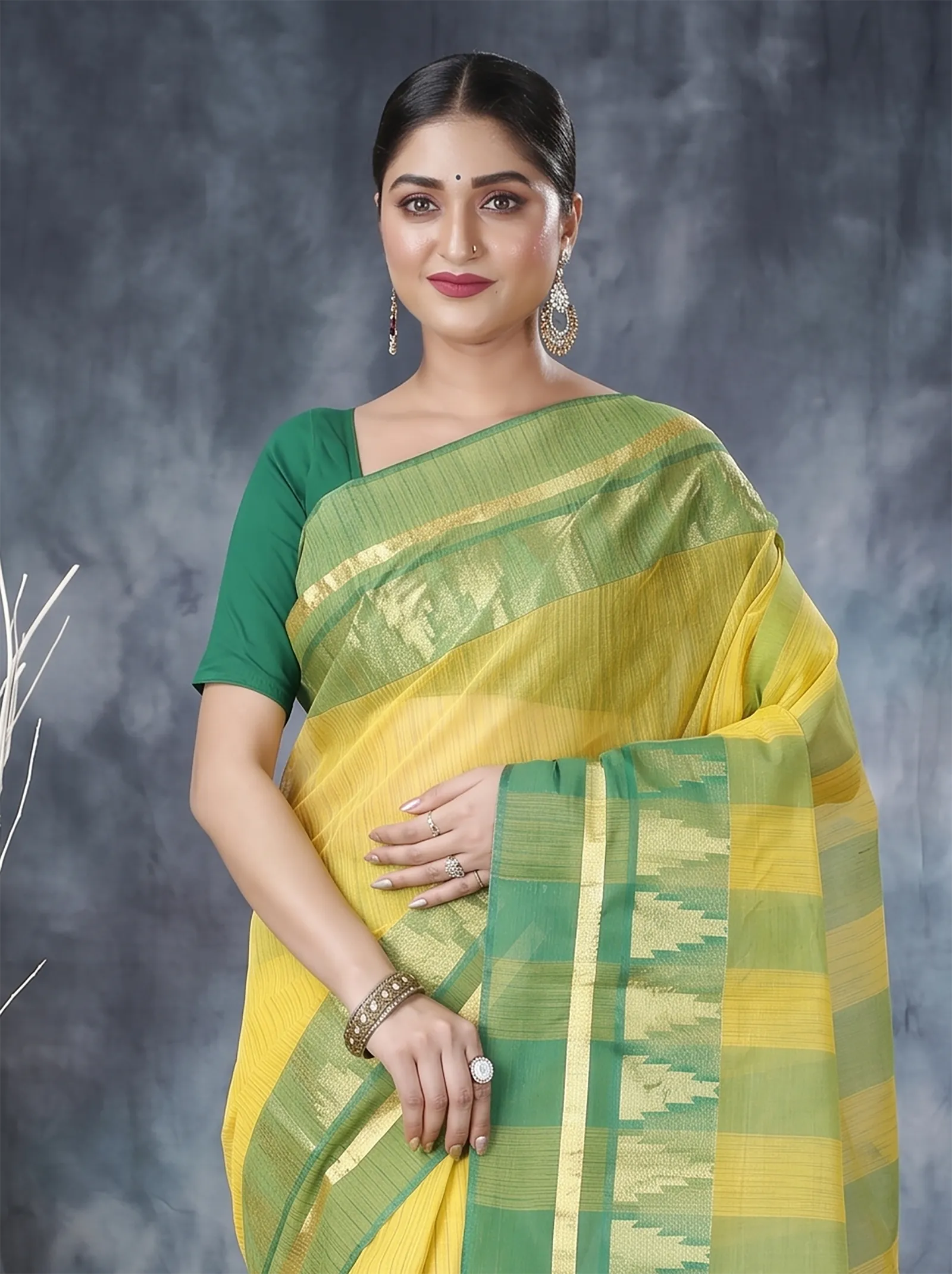 DipDiya Pure Cotton  Traditional Bengali Yellow Artisan Crafted Vrinda Tant Saree