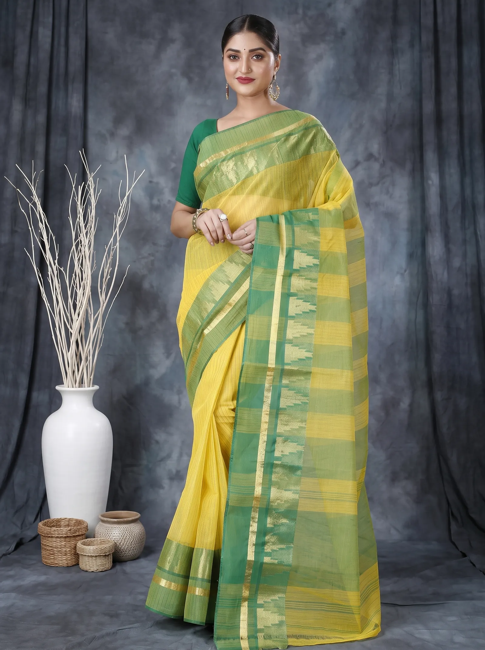 DipDiya Pure Cotton  Traditional Bengali Yellow Artisan Crafted Vrinda Tant Saree