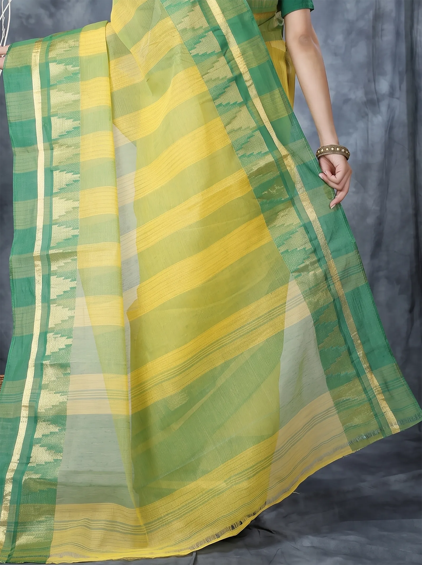 DipDiya Pure Cotton  Traditional Bengali Yellow Artisan Crafted Vrinda Tant Saree