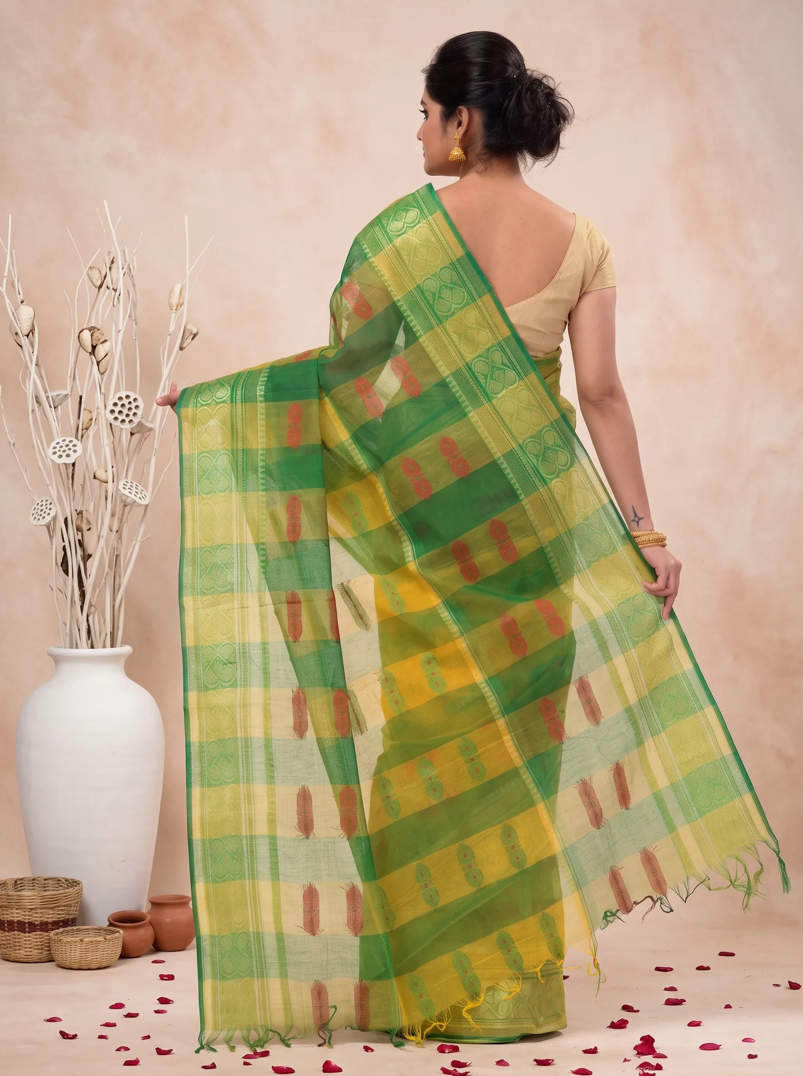 DipDiya Pure Cotton  Traditional Bengali Yellow Green Artisan Crafted Raj Nandi Tant Saree