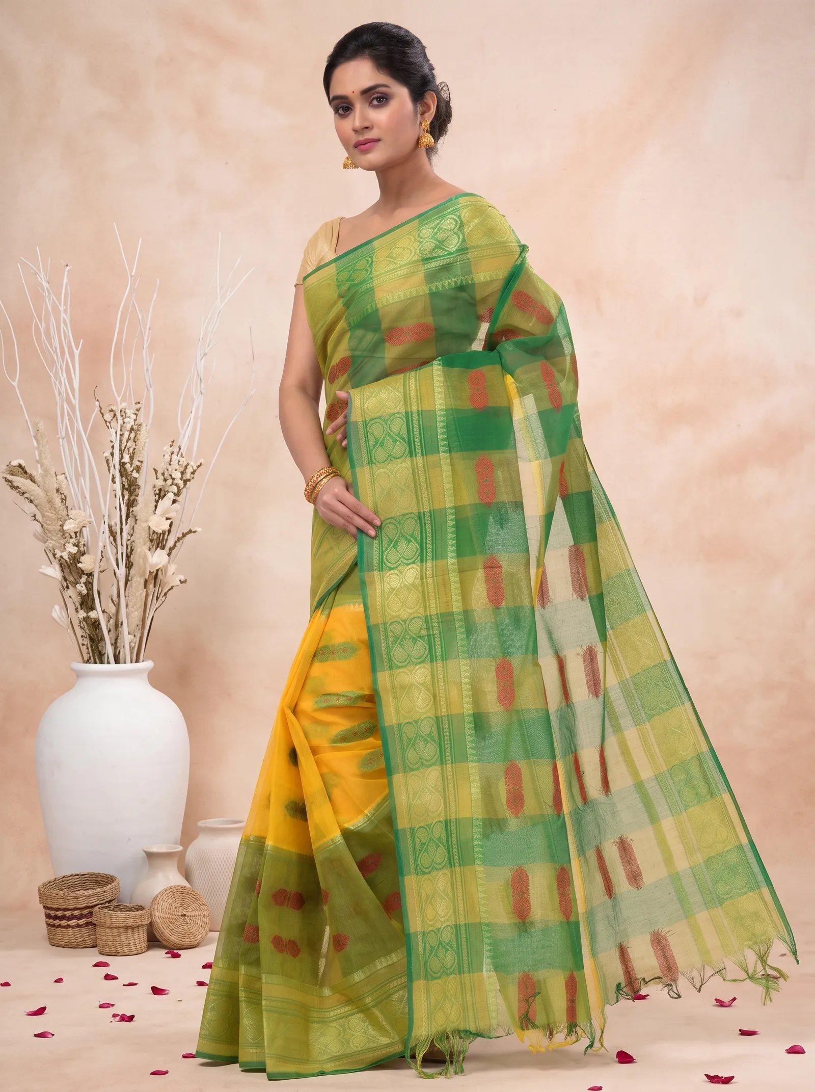 DipDiya Pure Cotton  Traditional Bengali Yellow Green Artisan Crafted Raj Nandi Tant Saree