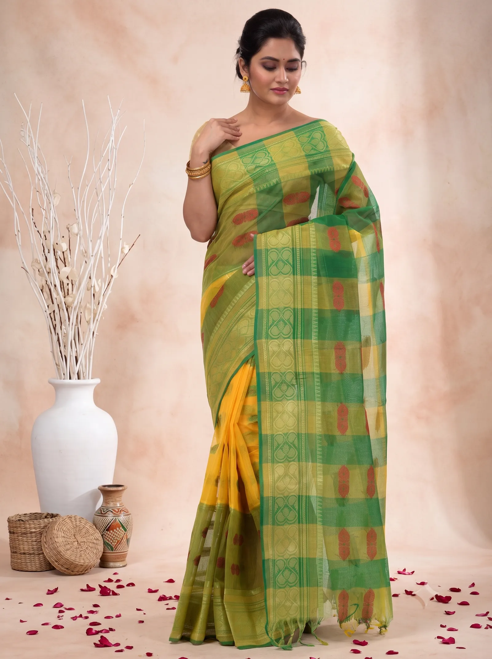 DipDiya Pure Cotton  Traditional Bengali Yellow Green Artisan Crafted Raj Nandi Tant Saree