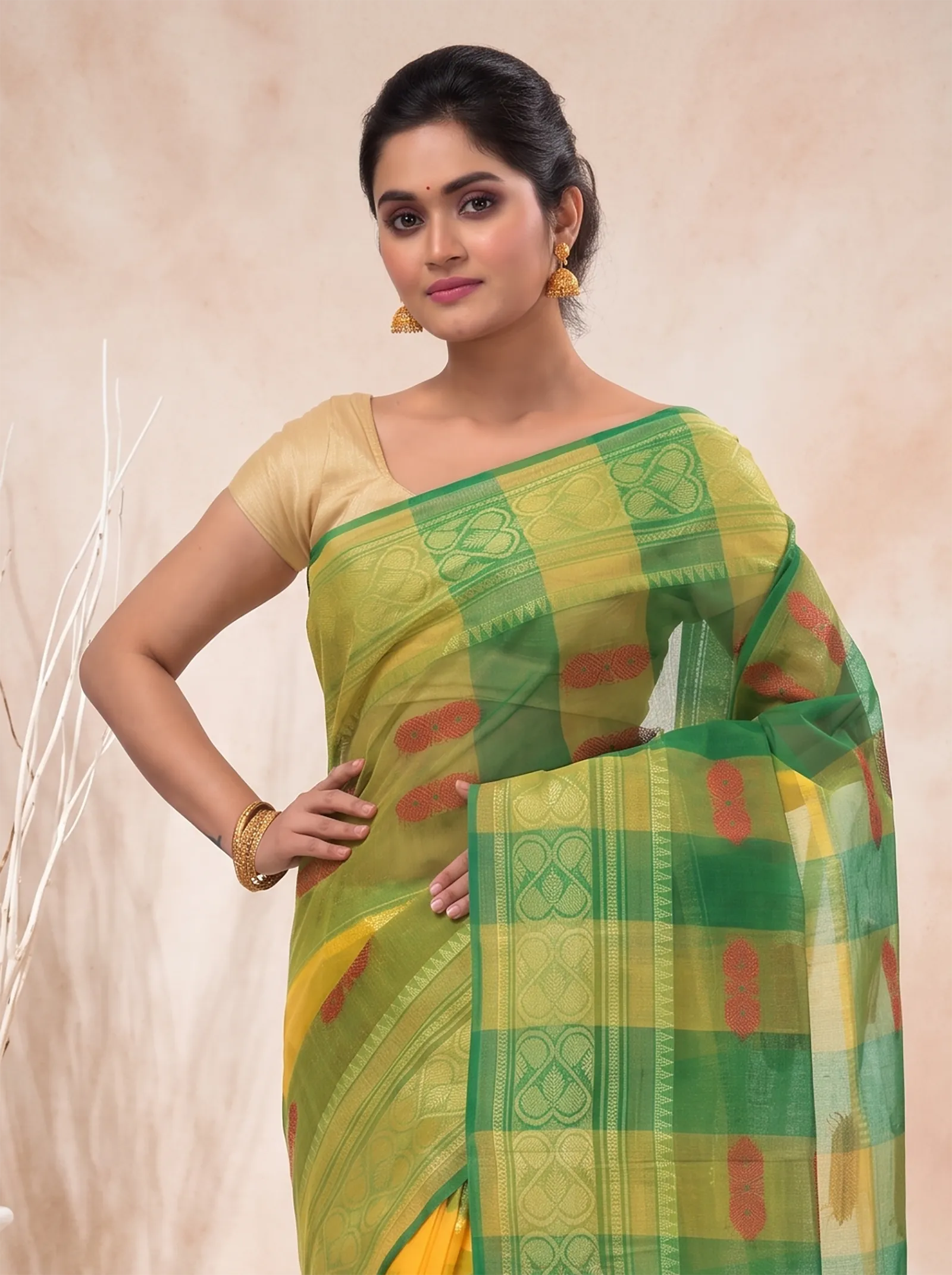 DipDiya Pure Cotton  Traditional Bengali Yellow Green Artisan Crafted Raj Nandi Tant Saree