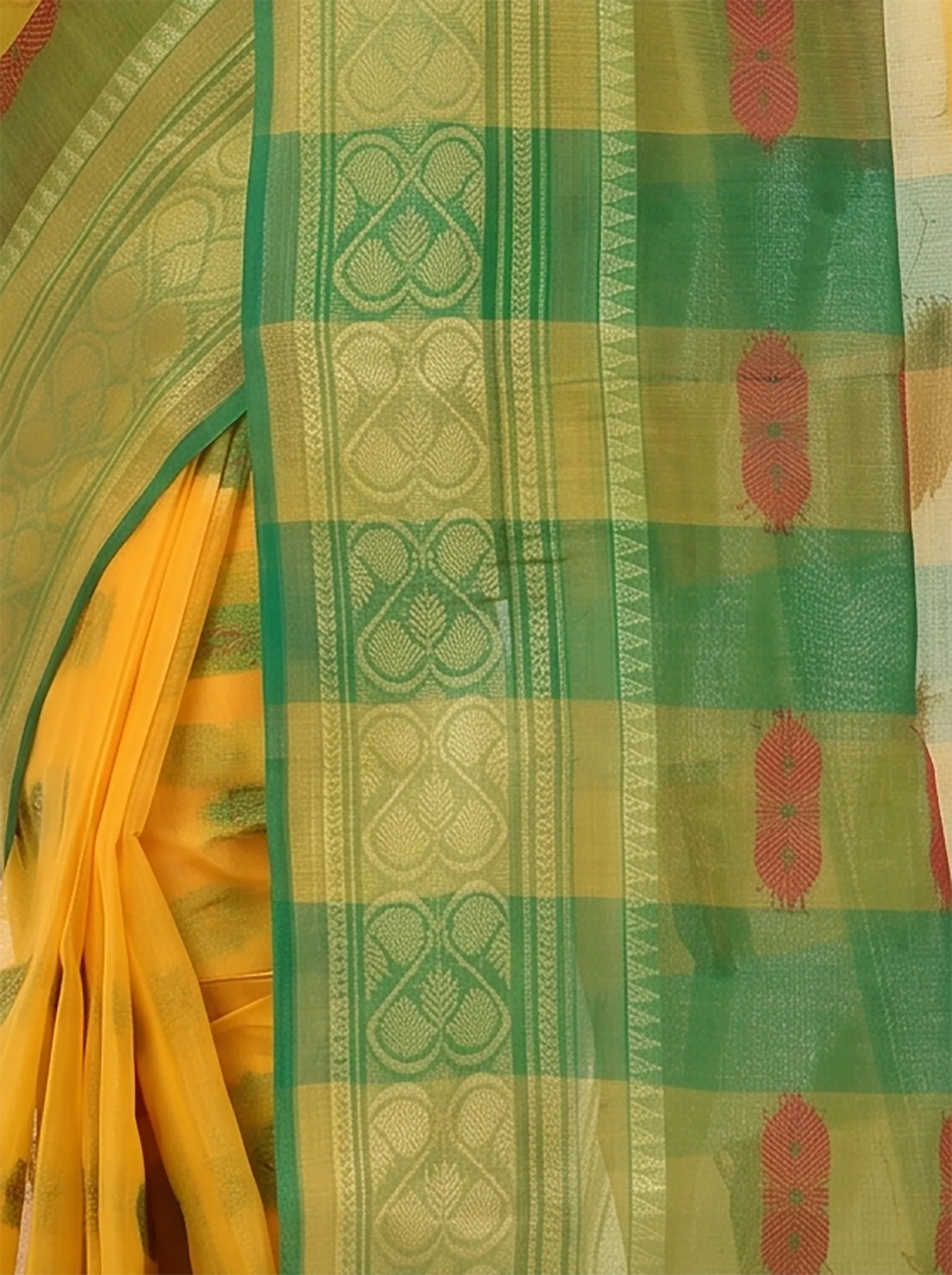 DipDiya Pure Cotton  Traditional Bengali Yellow Green Artisan Crafted Raj Nandi Tant Saree