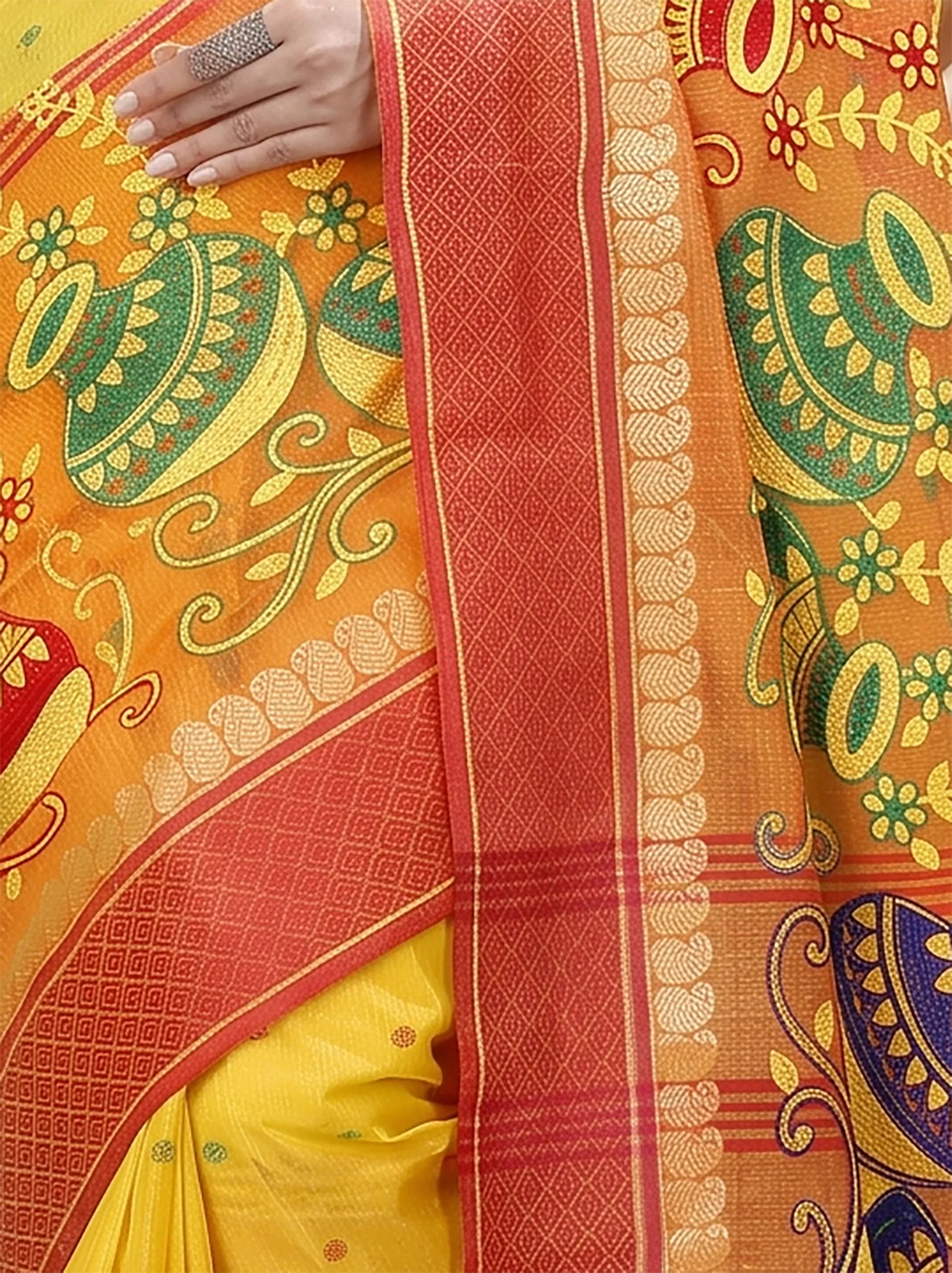 DipDiya Pure Cotton  Traditional Bengali Yellow Red Artisan Crafted Embi Ganga Buti Embroidery Tant Saree