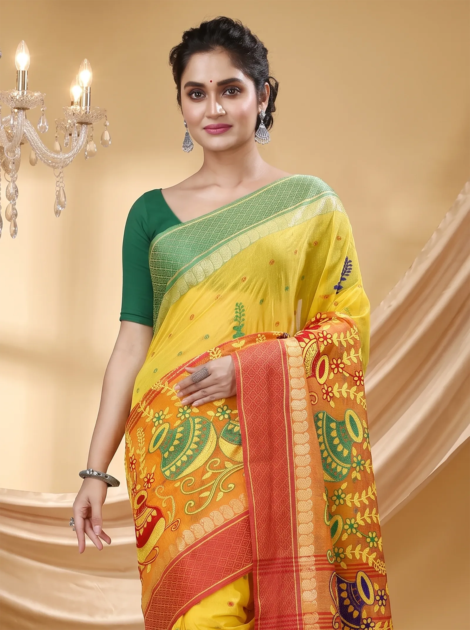 DipDiya Pure Cotton  Traditional Bengali Yellow Red Artisan Crafted Embi Ganga Buti Embroidery Tant Saree