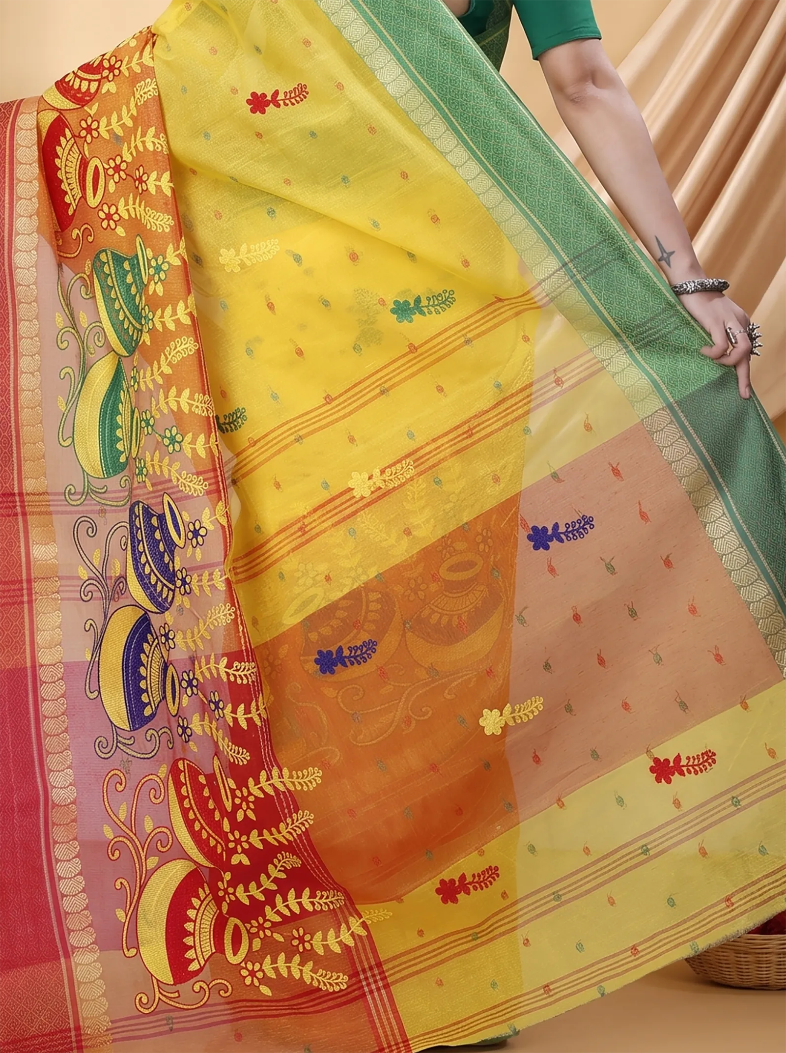 DipDiya Pure Cotton  Traditional Bengali Yellow Red Artisan Crafted Embi Ganga Buti Embroidery Tant Saree