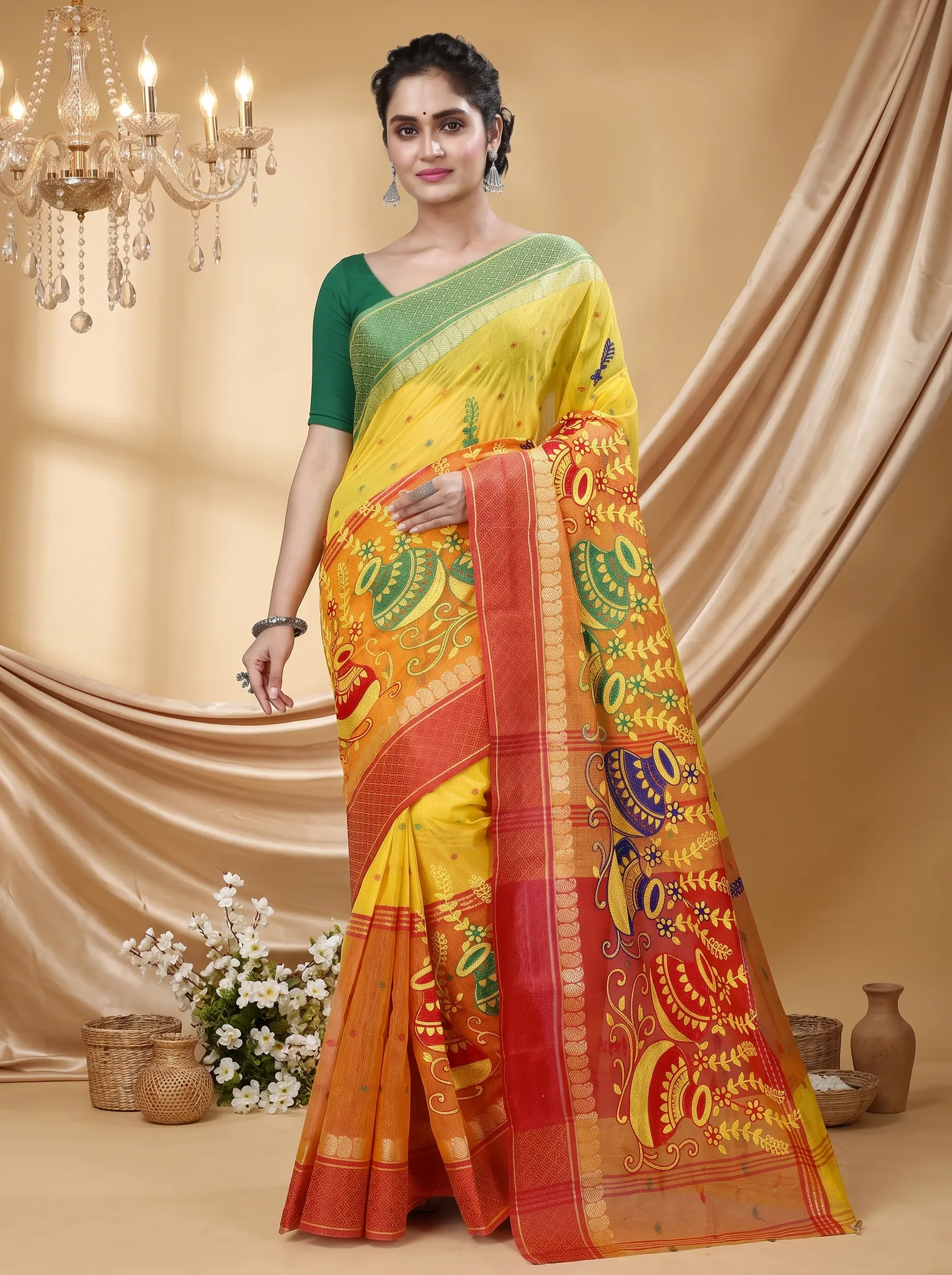 DipDiya Pure Cotton  Traditional Bengali Yellow Red Artisan Crafted Embi Ganga Buti Embroidery Tant Saree