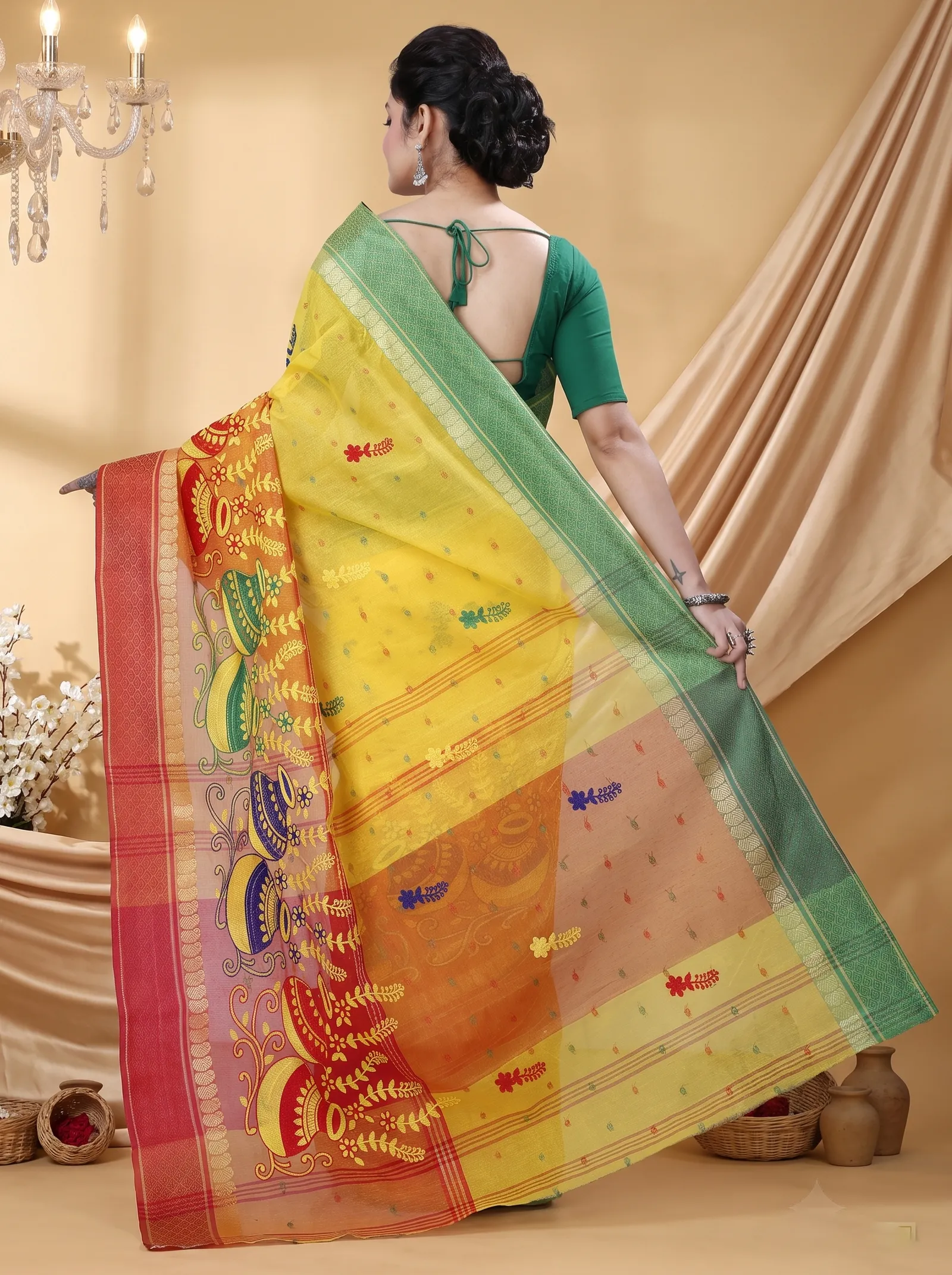 DipDiya Pure Cotton  Traditional Bengali Yellow Red Artisan Crafted Embi Ganga Buti Embroidery Tant Saree