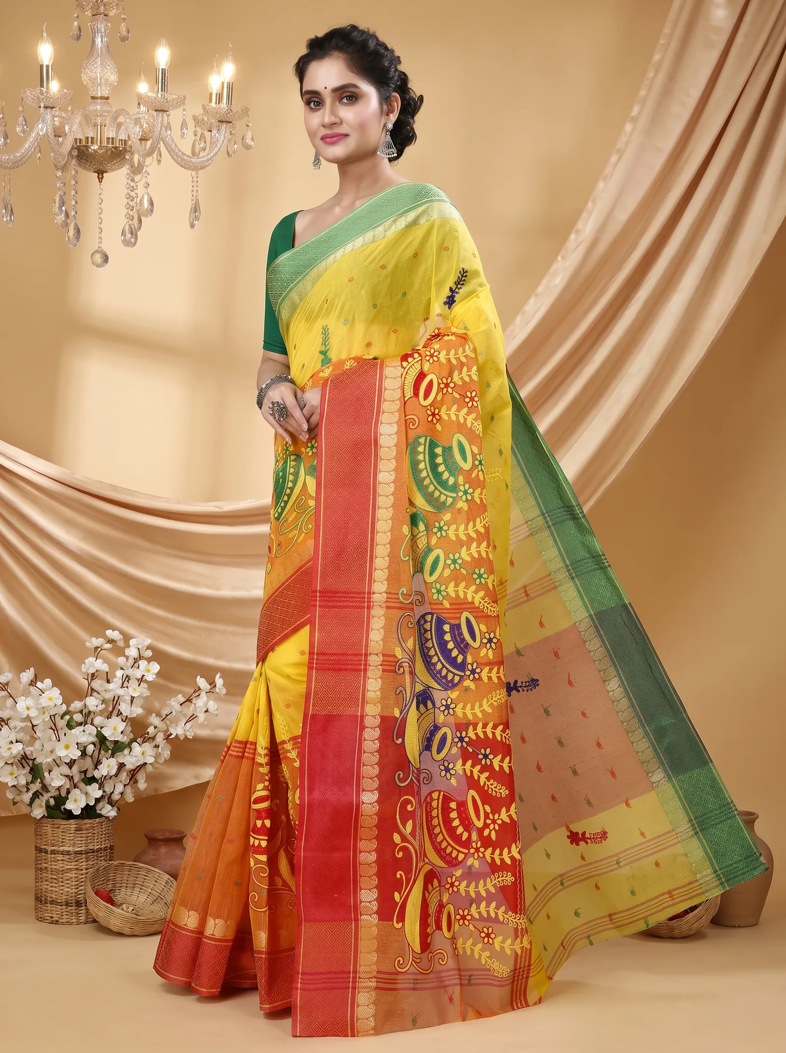 DipDiya Pure Cotton  Traditional Bengali Yellow Red Artisan Crafted Embi Ganga Buti Embroidery Tant Saree