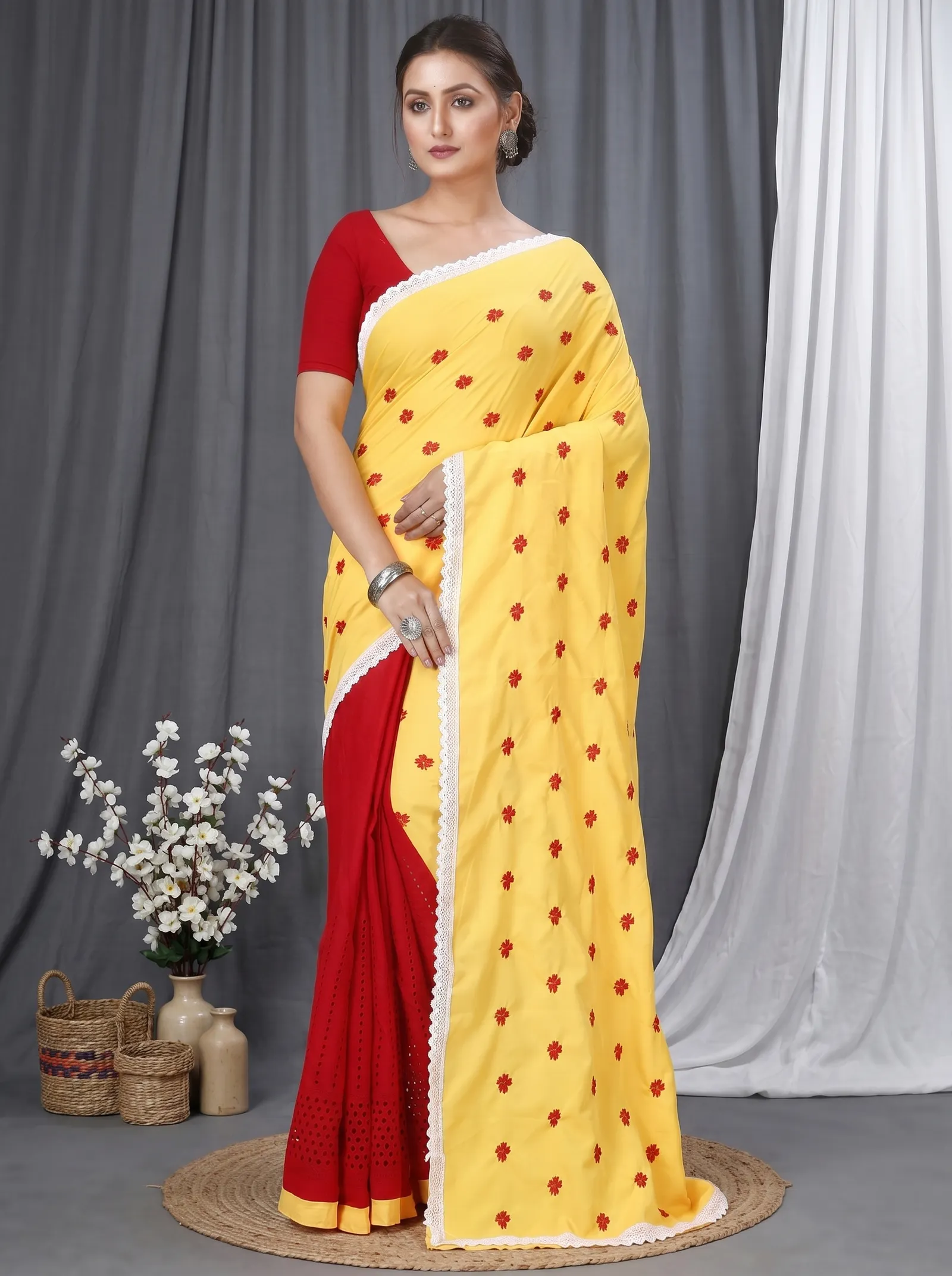 DipDiya Pure Cotton  Traditional Bengali Yellow Red Artisan Crafted LalPori Handloom Saree