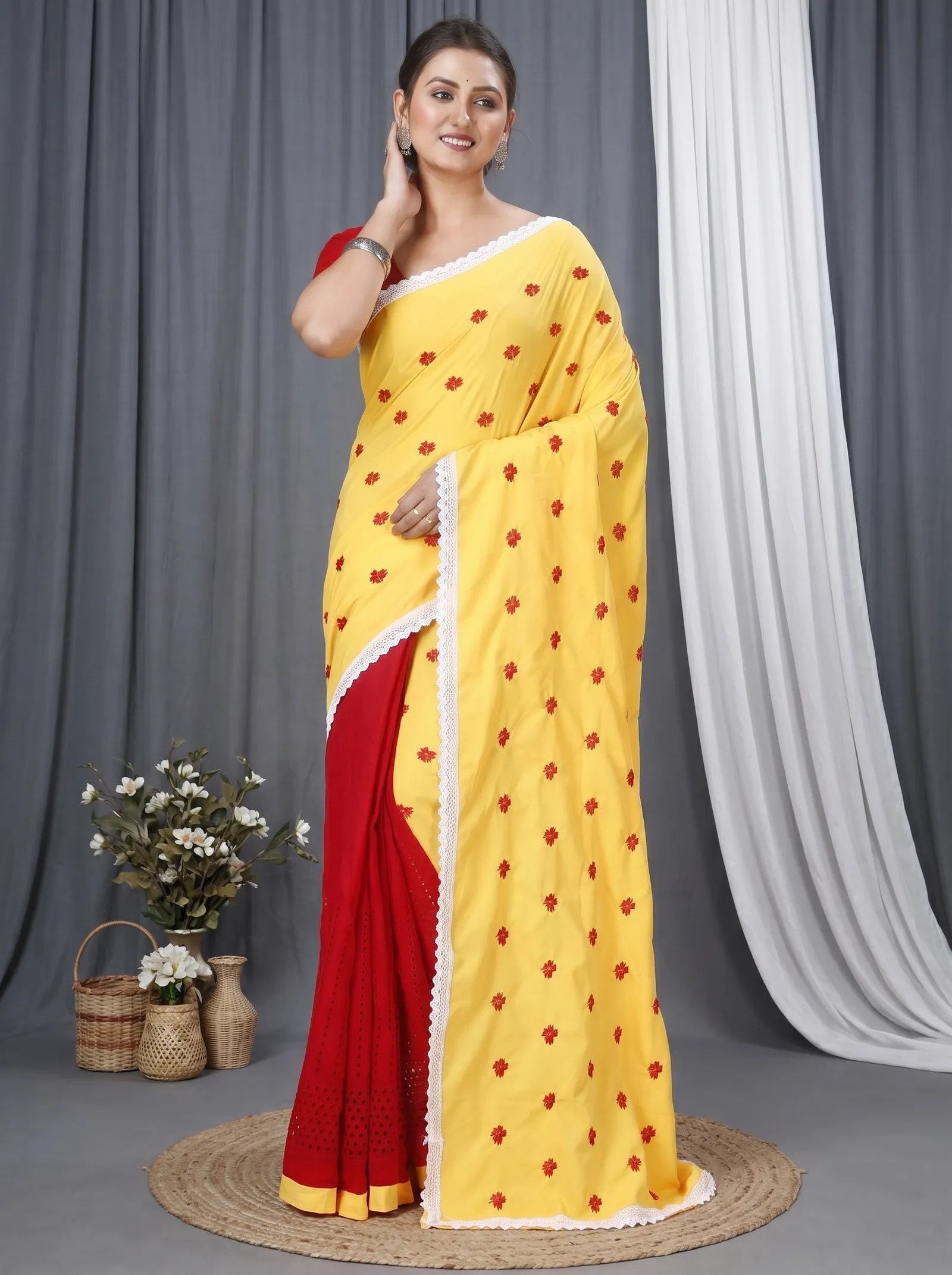 DipDiya Pure Cotton  Traditional Bengali Yellow Red Artisan Crafted LalPori Handloom Saree