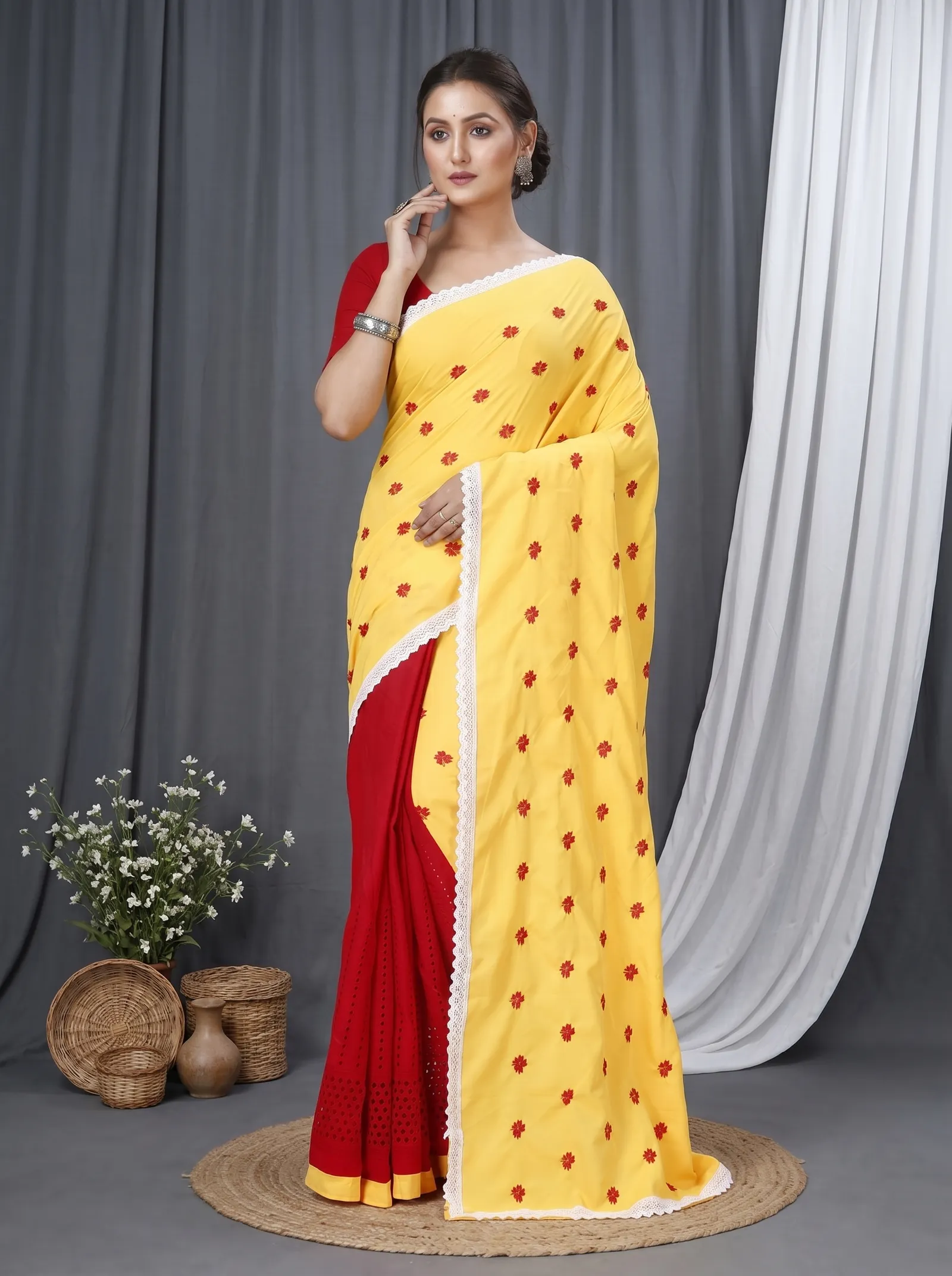 DipDiya Pure Cotton  Traditional Bengali Yellow Red Artisan Crafted LalPori Handloom Saree