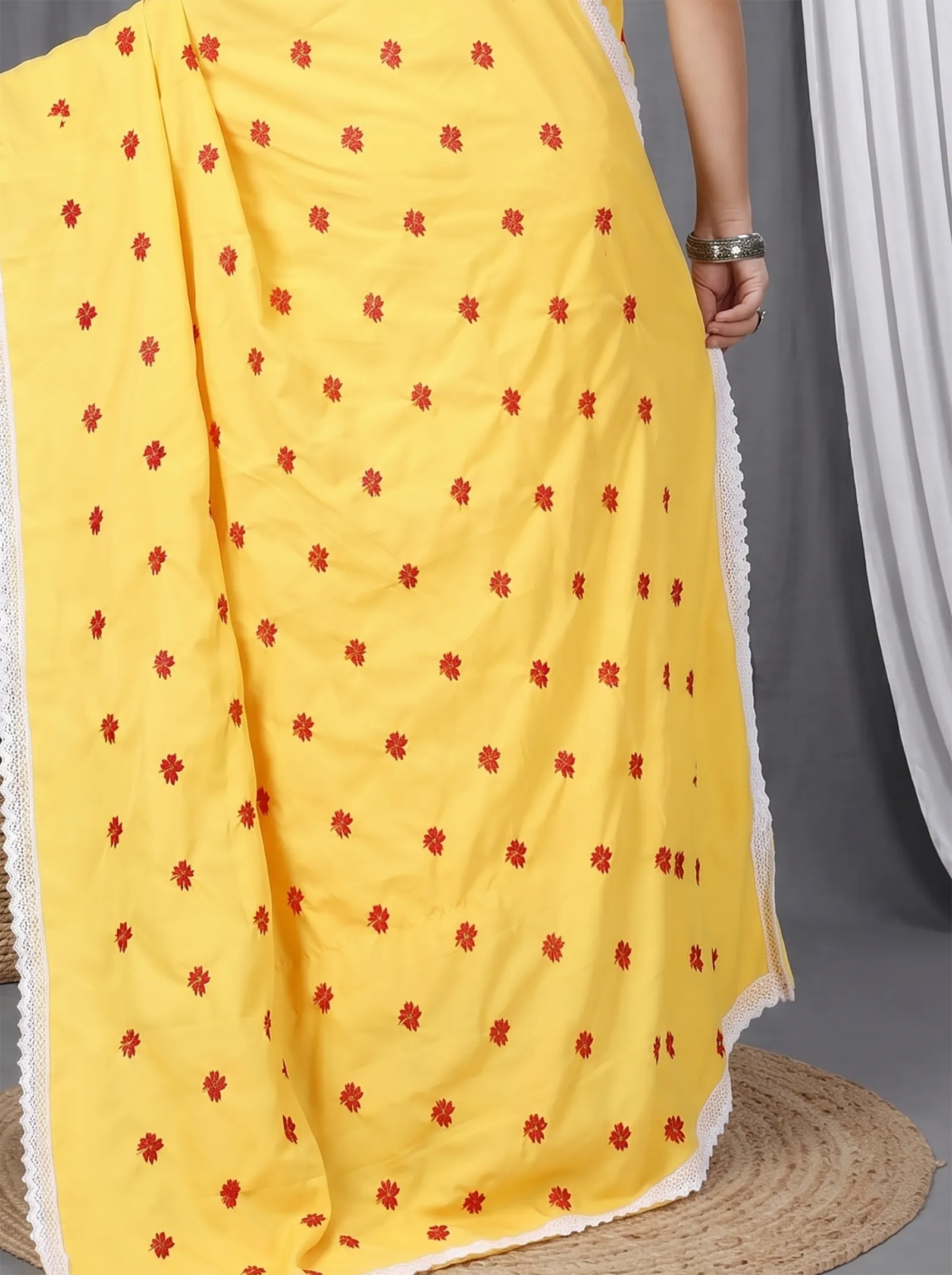 DipDiya Pure Cotton  Traditional Bengali Yellow Red Artisan Crafted LalPori Handloom Saree