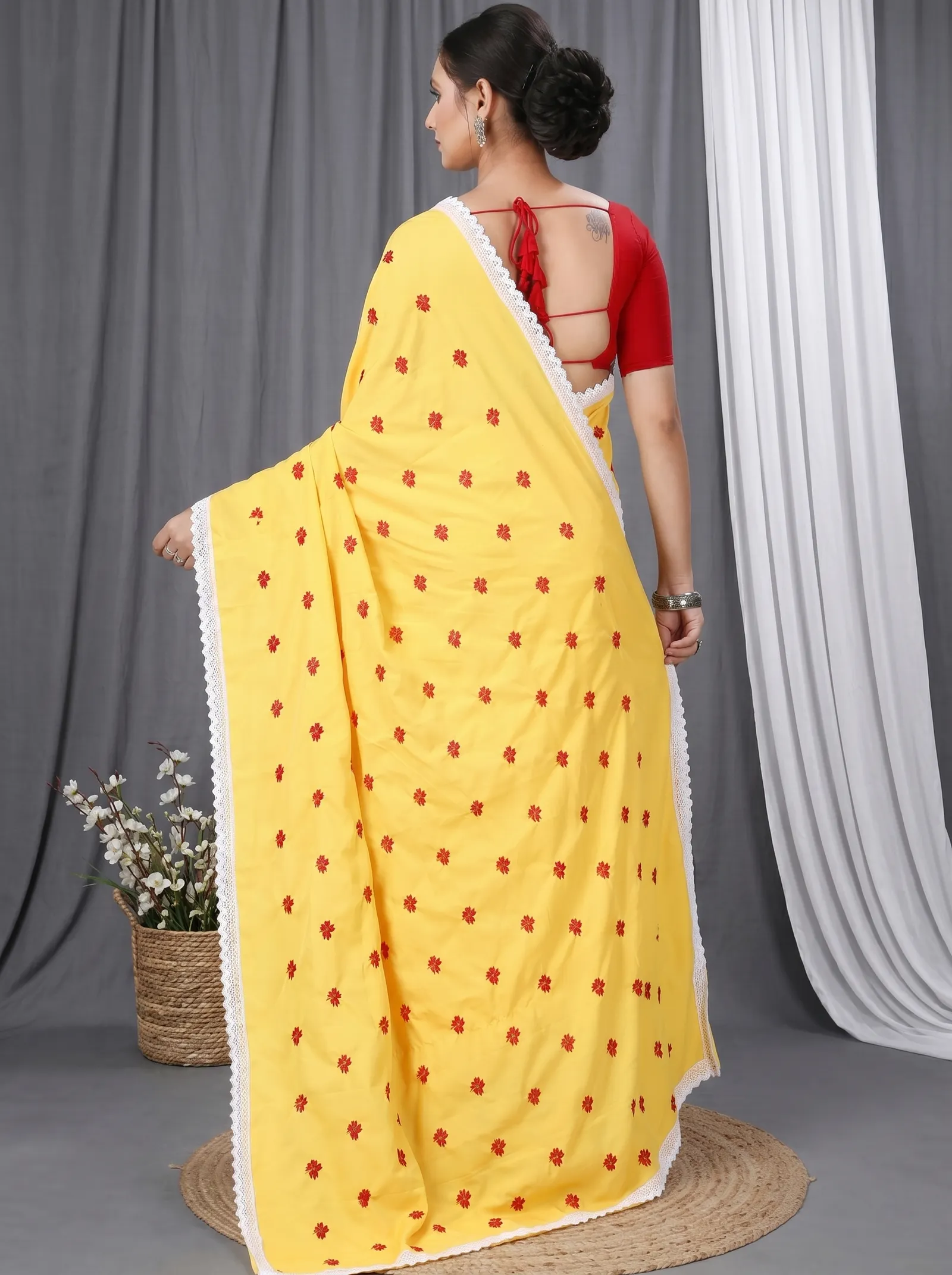 DipDiya Pure Cotton  Traditional Bengali Yellow Red Artisan Crafted LalPori Handloom Saree