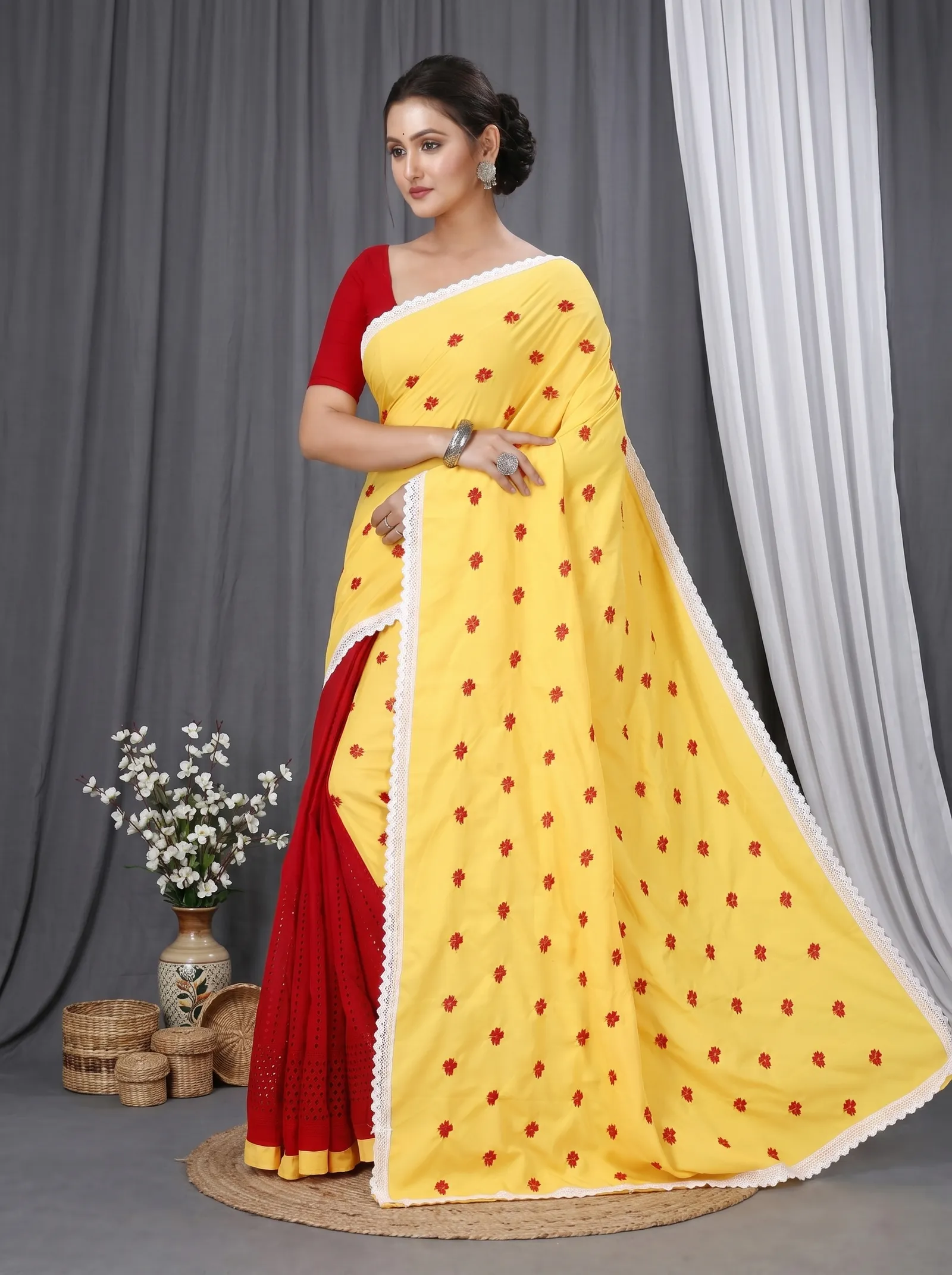 DipDiya Pure Cotton  Traditional Bengali Yellow Red Artisan Crafted LalPori Handloom Saree