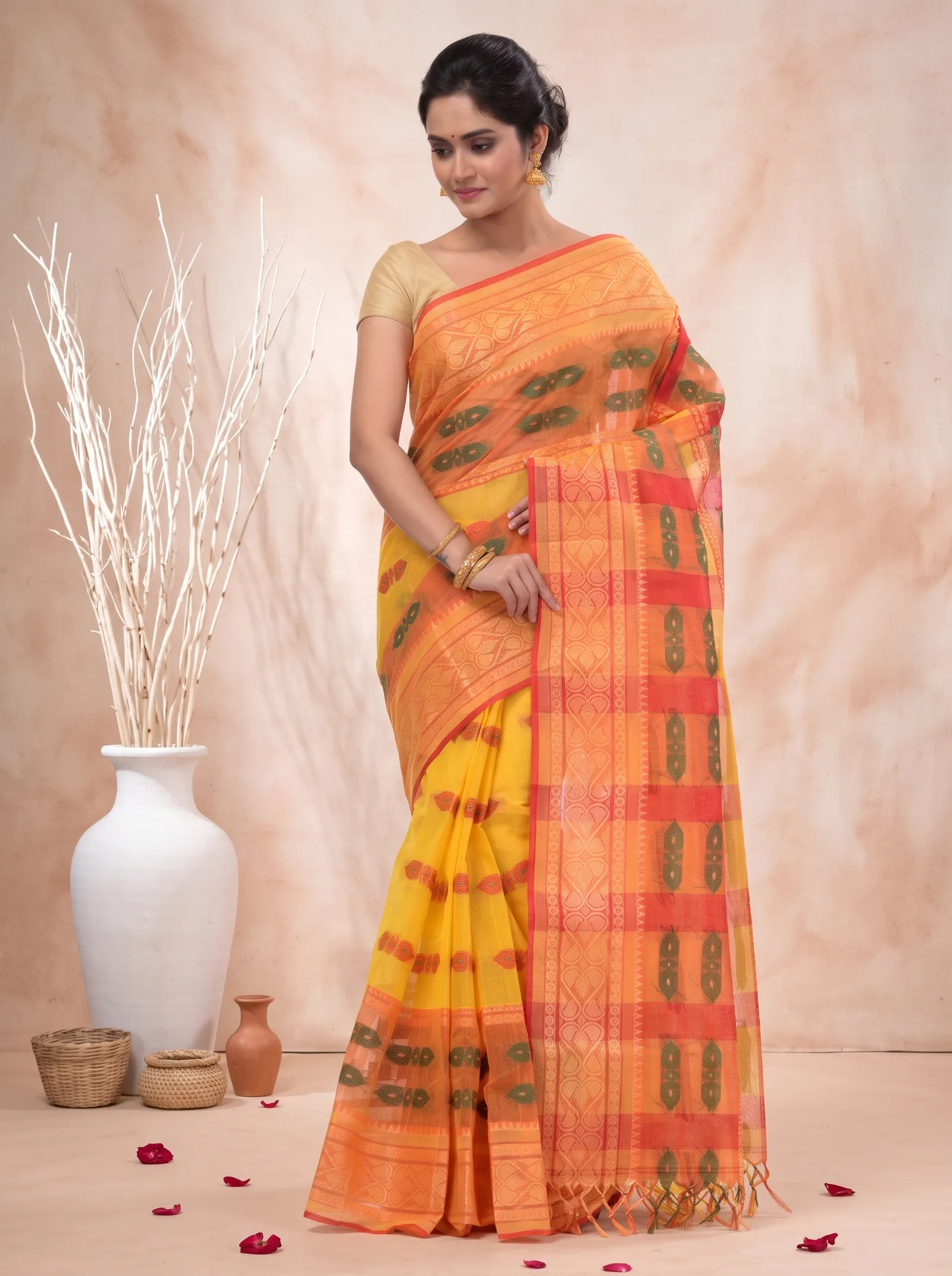 DipDiya Pure Cotton  Traditional Bengali Yellow Red Artisan Crafted Raj Nandi Tant Saree