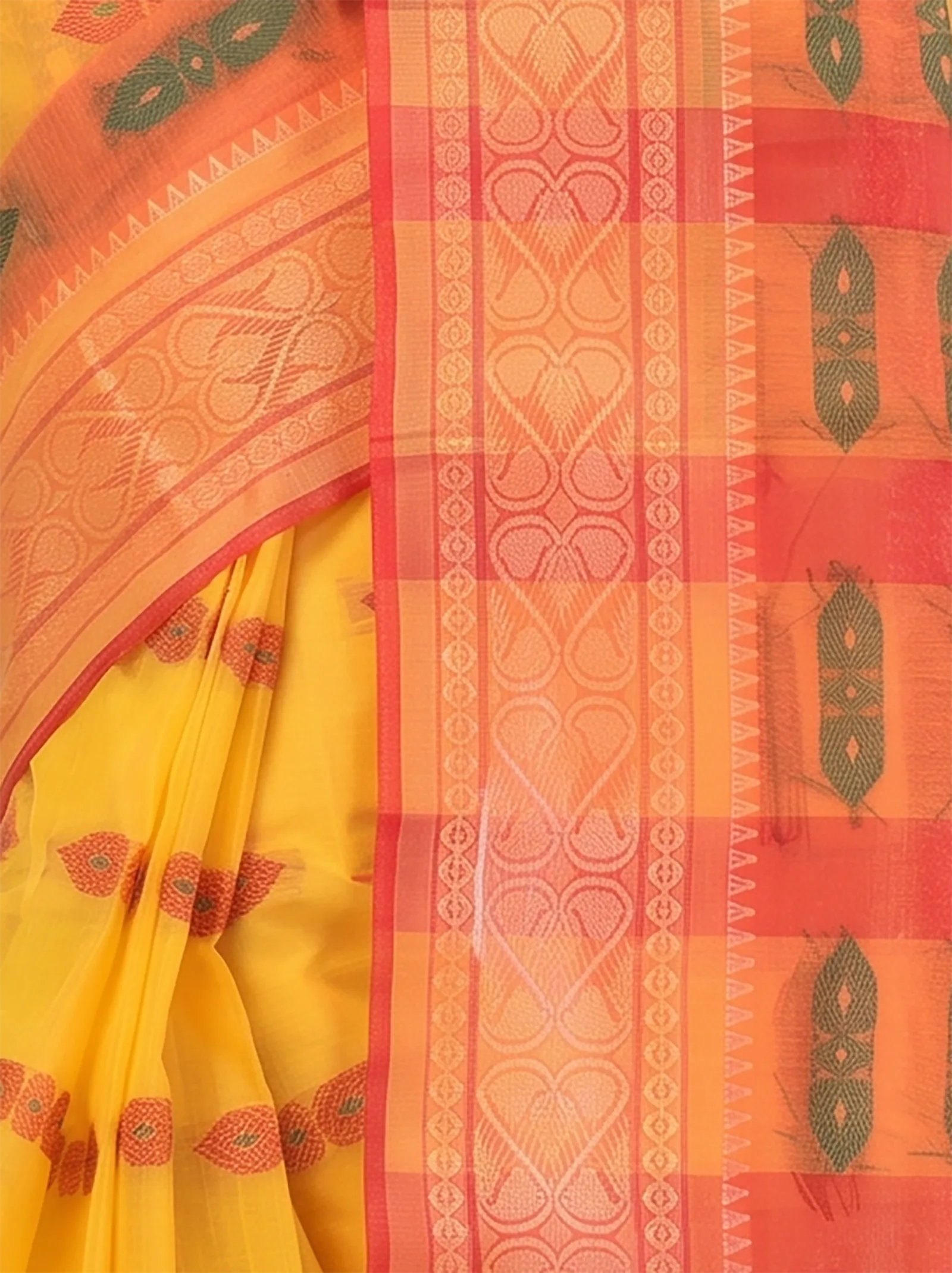 DipDiya Pure Cotton  Traditional Bengali Yellow Red Artisan Crafted Raj Nandi Tant Saree