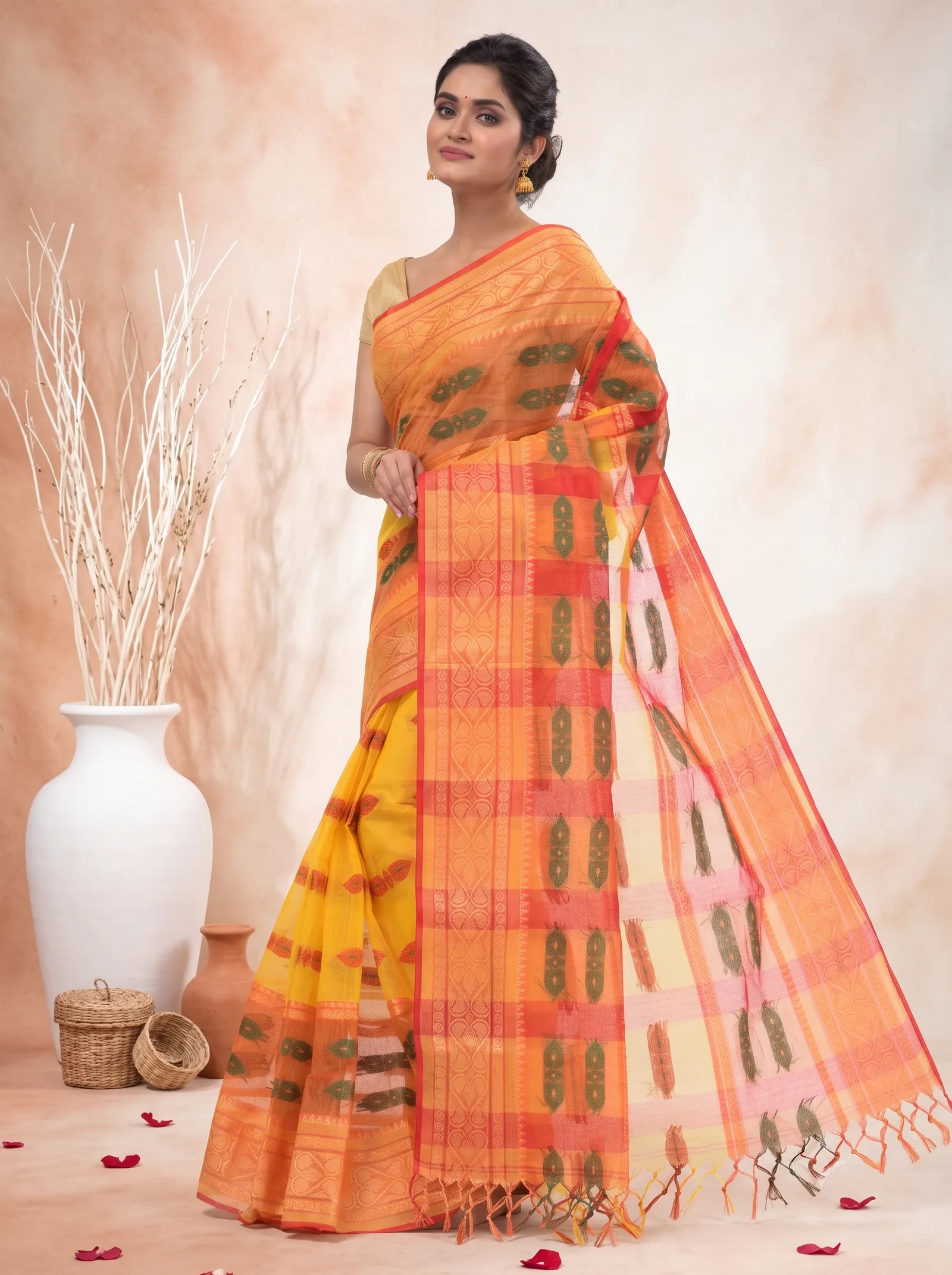 DipDiya Pure Cotton  Traditional Bengali Yellow Red Artisan Crafted Raj Nandi Tant Saree