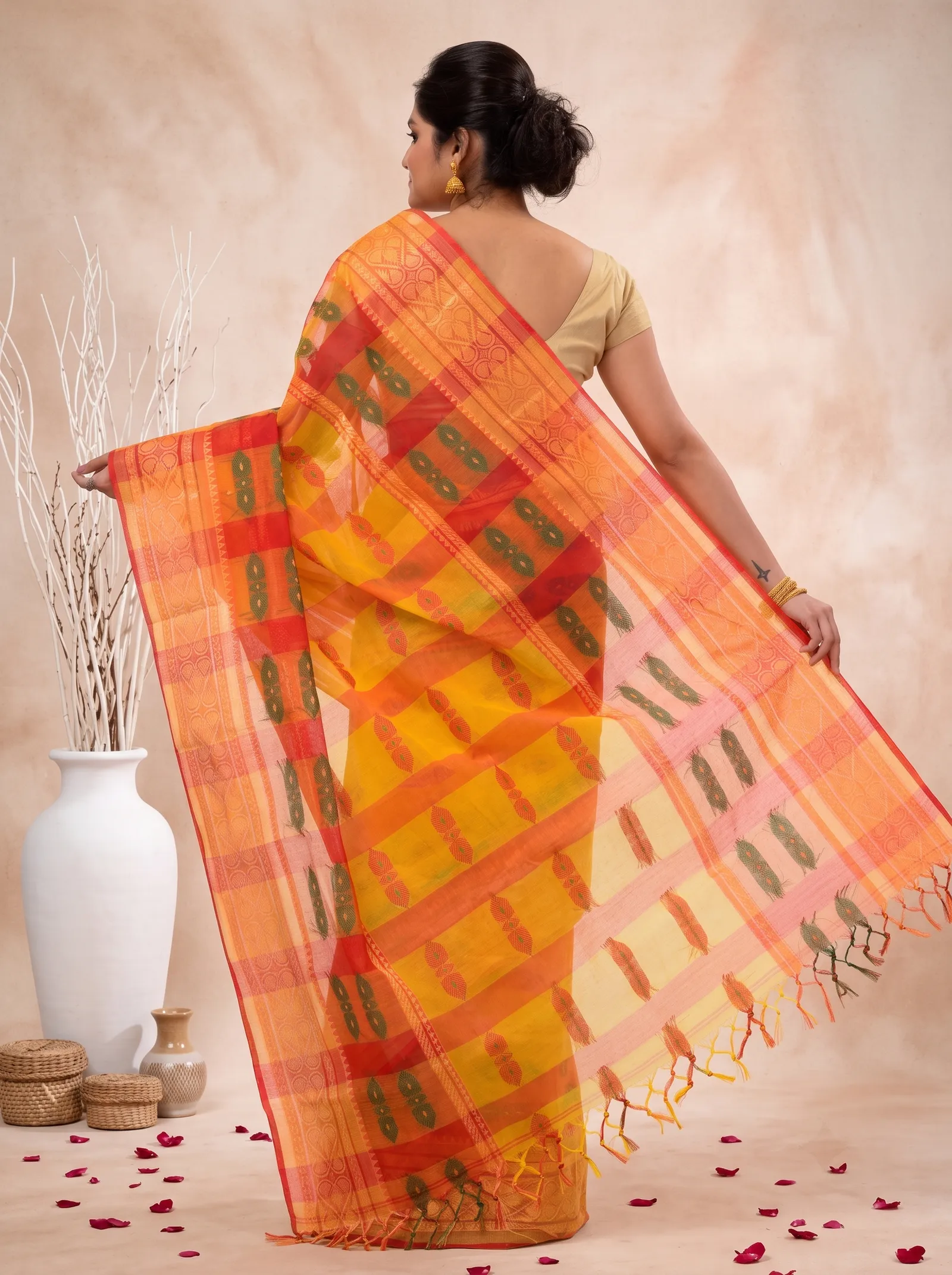 DipDiya Pure Cotton  Traditional Bengali Yellow Red Artisan Crafted Raj Nandi Tant Saree