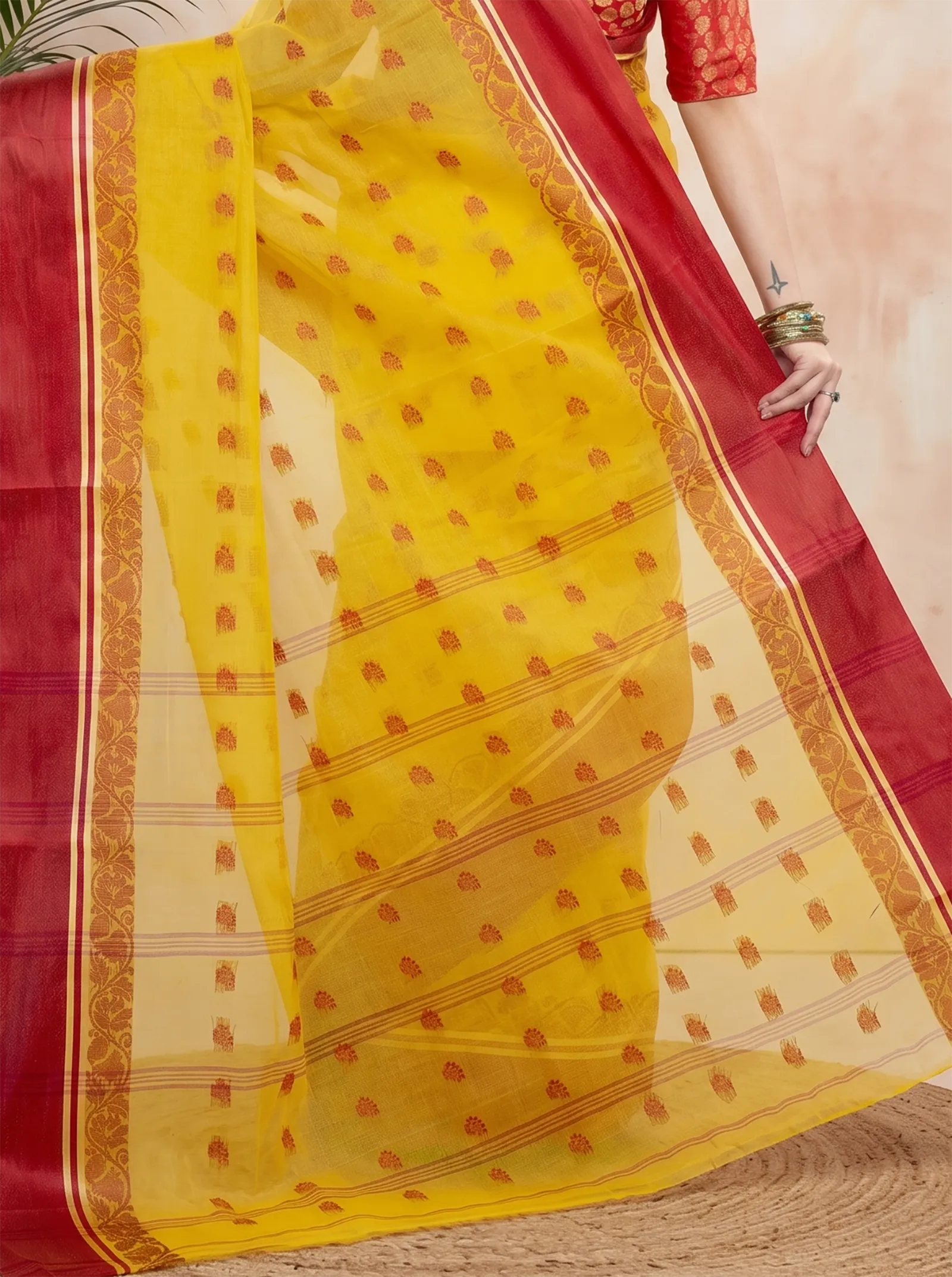 DipDiya Pure Cotton  Traditional Bengali Yellow Red Artisan Crafted Sukla Velvet Tant Saree