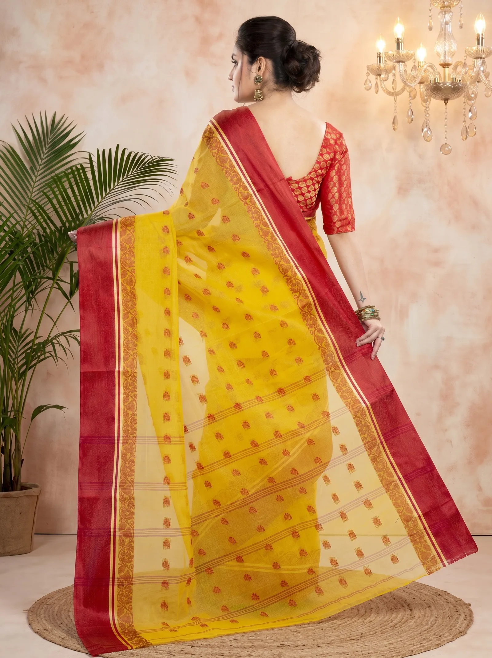 DipDiya Pure Cotton  Traditional Bengali Yellow Red Artisan Crafted Sukla Velvet Tant Saree