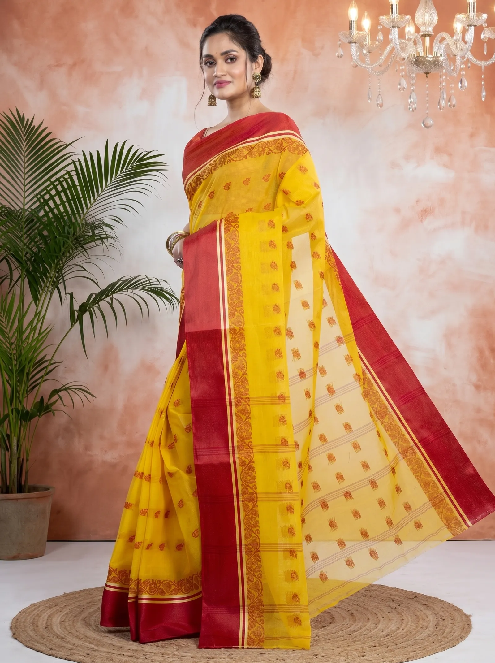 DipDiya Pure Cotton  Traditional Bengali Yellow Red Artisan Crafted Sukla Velvet Tant Saree