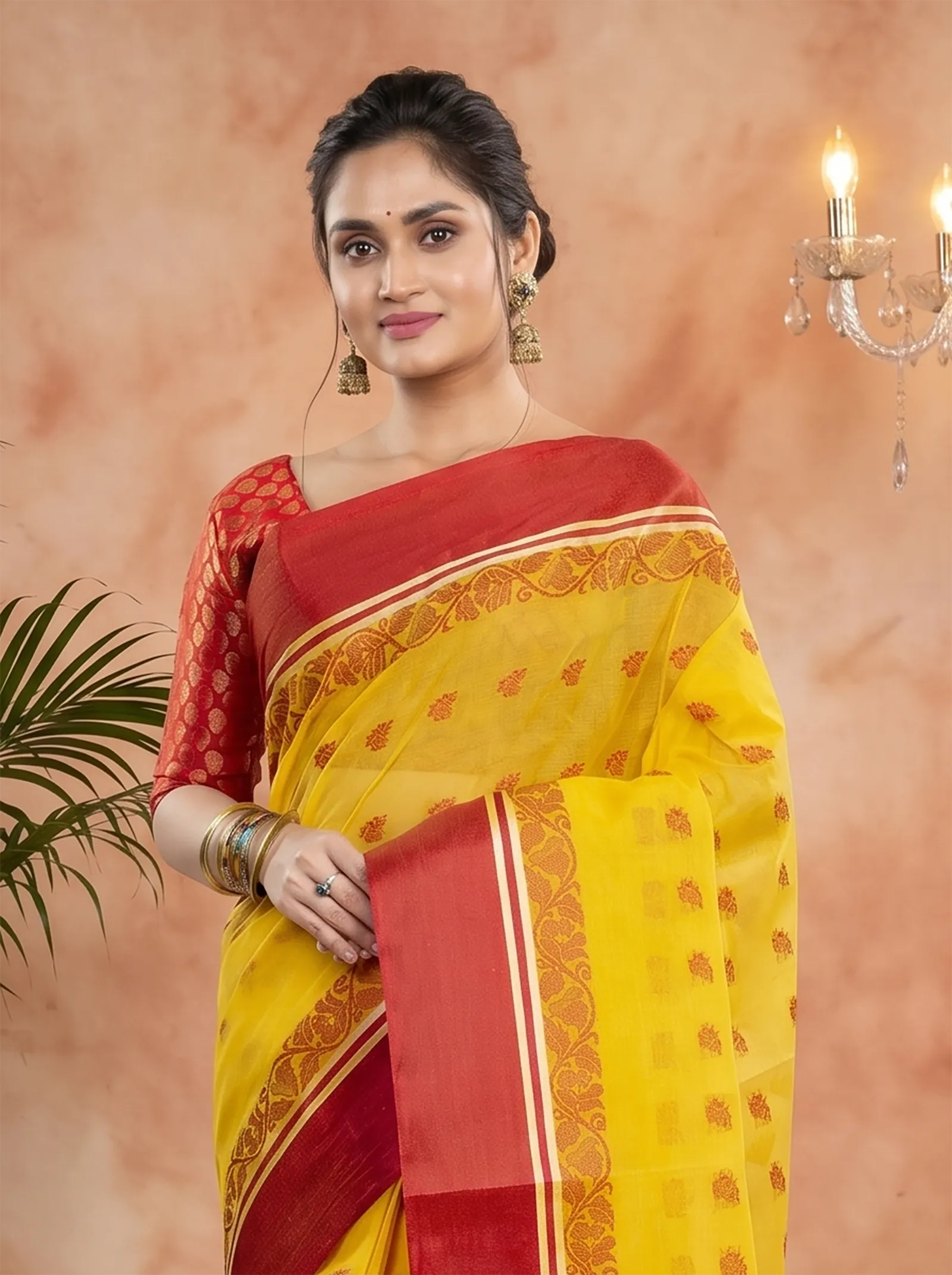 DipDiya Pure Cotton  Traditional Bengali Yellow Red Artisan Crafted Sukla Velvet Tant Saree