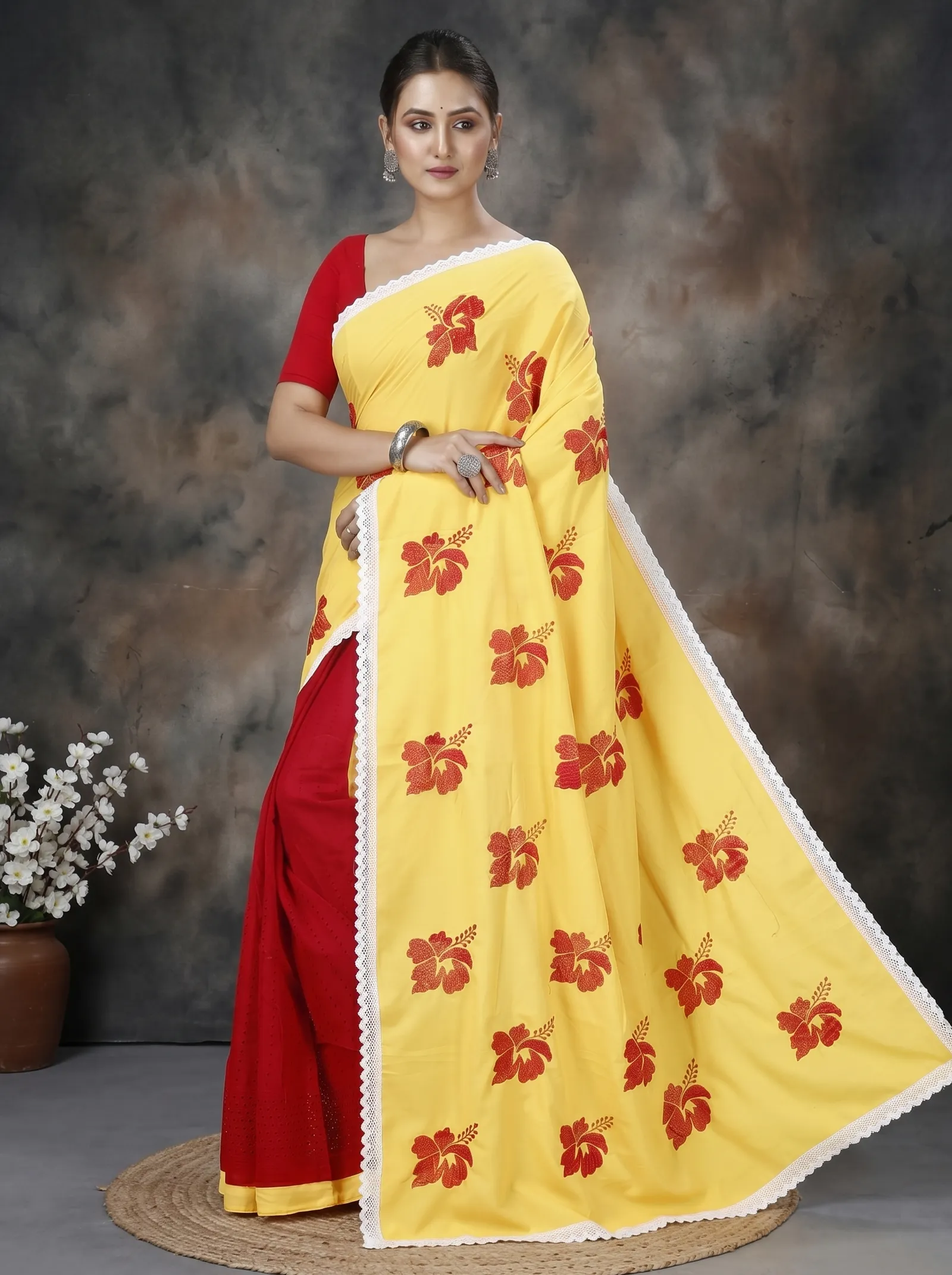 DipDiya Pure Cotton  Traditional Bengali Yellow Red Artisan Crafted Teru Handloom Saree
