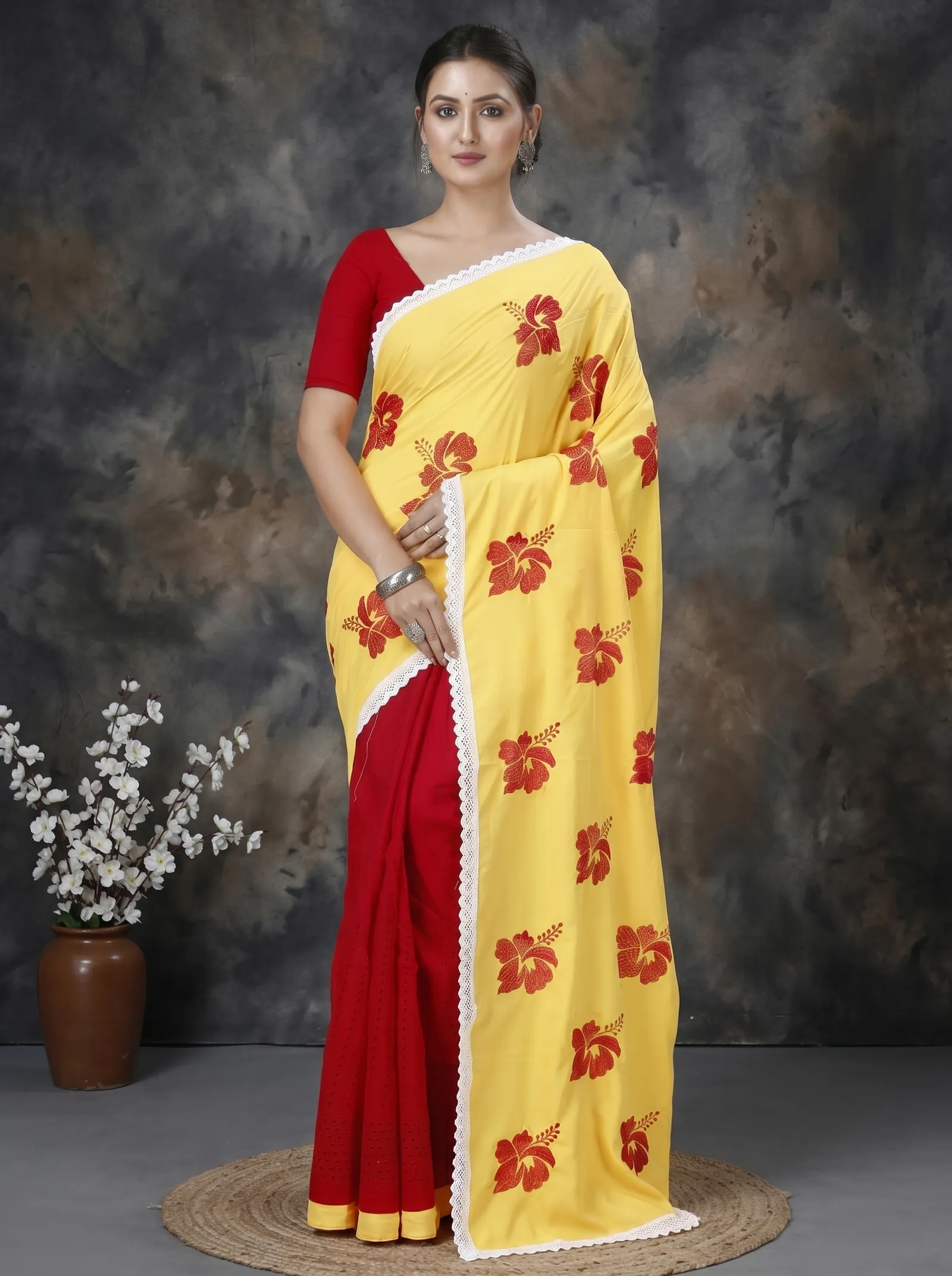 DipDiya Pure Cotton  Traditional Bengali Yellow Red Artisan Crafted Teru Handloom Saree