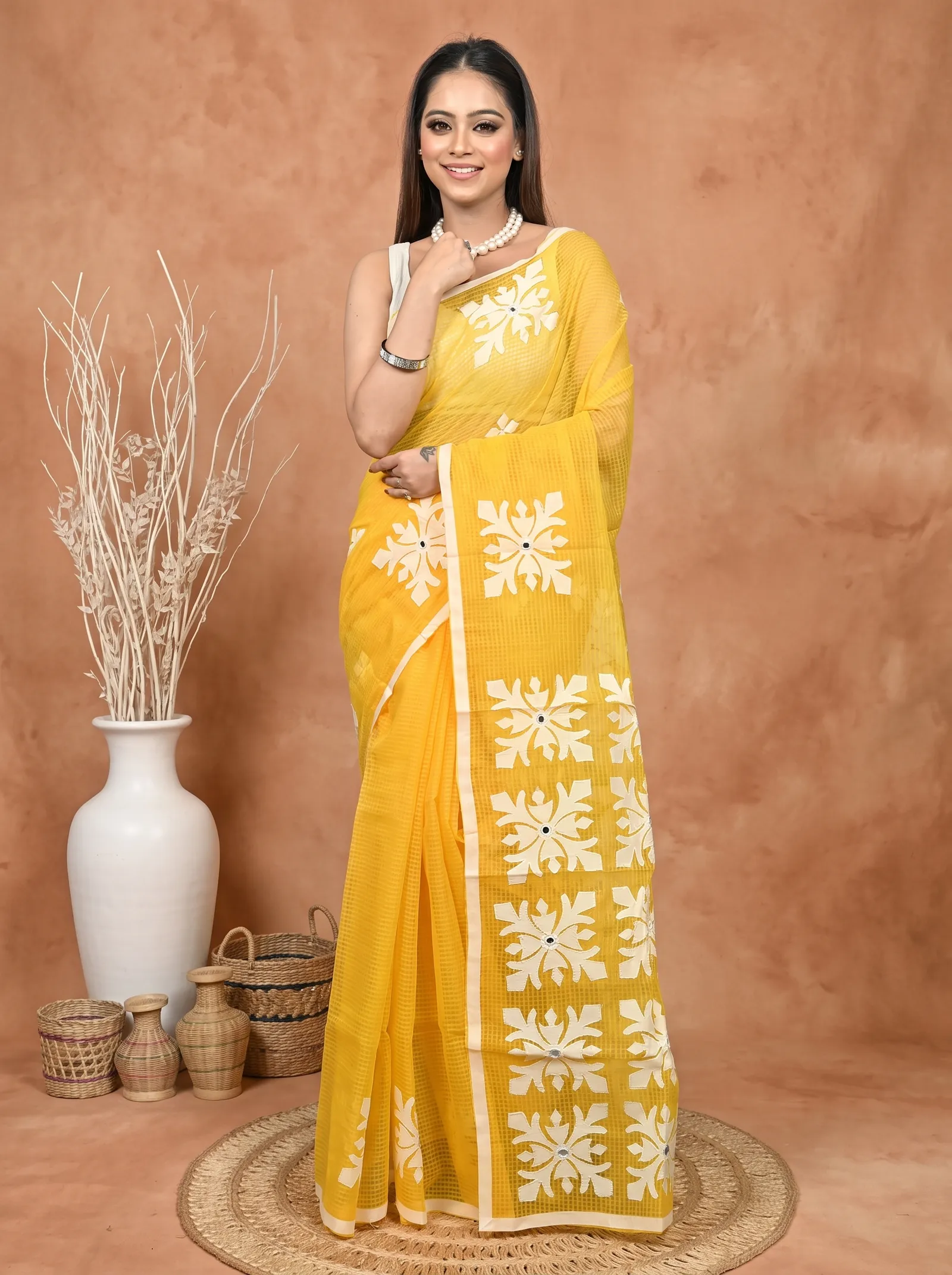 DipDiya Pure Cotton  Traditional Bengali Yellow White Artisan Crafted Kotaplik Kota Applique Saree