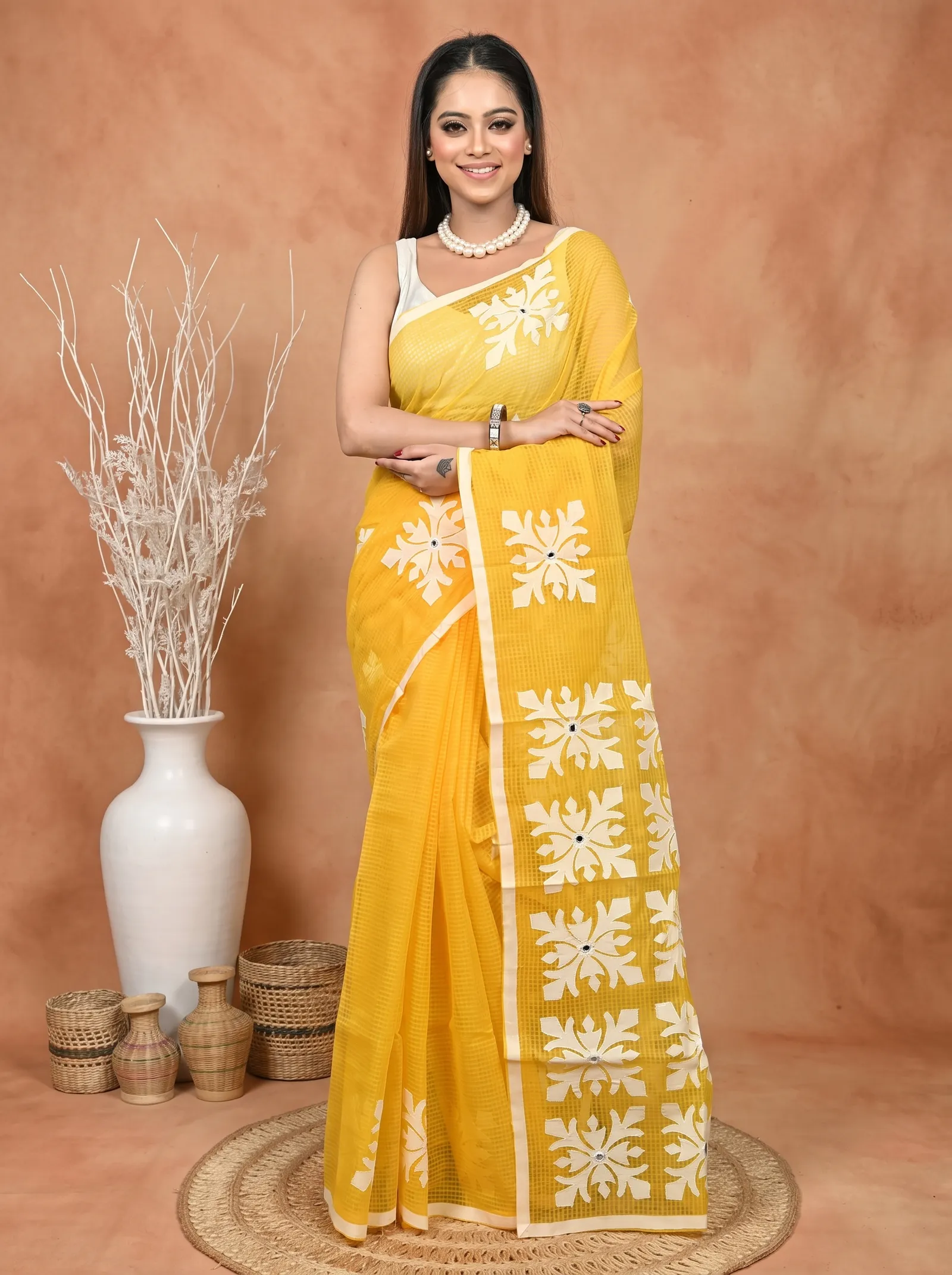 DipDiya Pure Cotton  Traditional Bengali Yellow White Artisan Crafted Kotaplik Kota Applique Saree