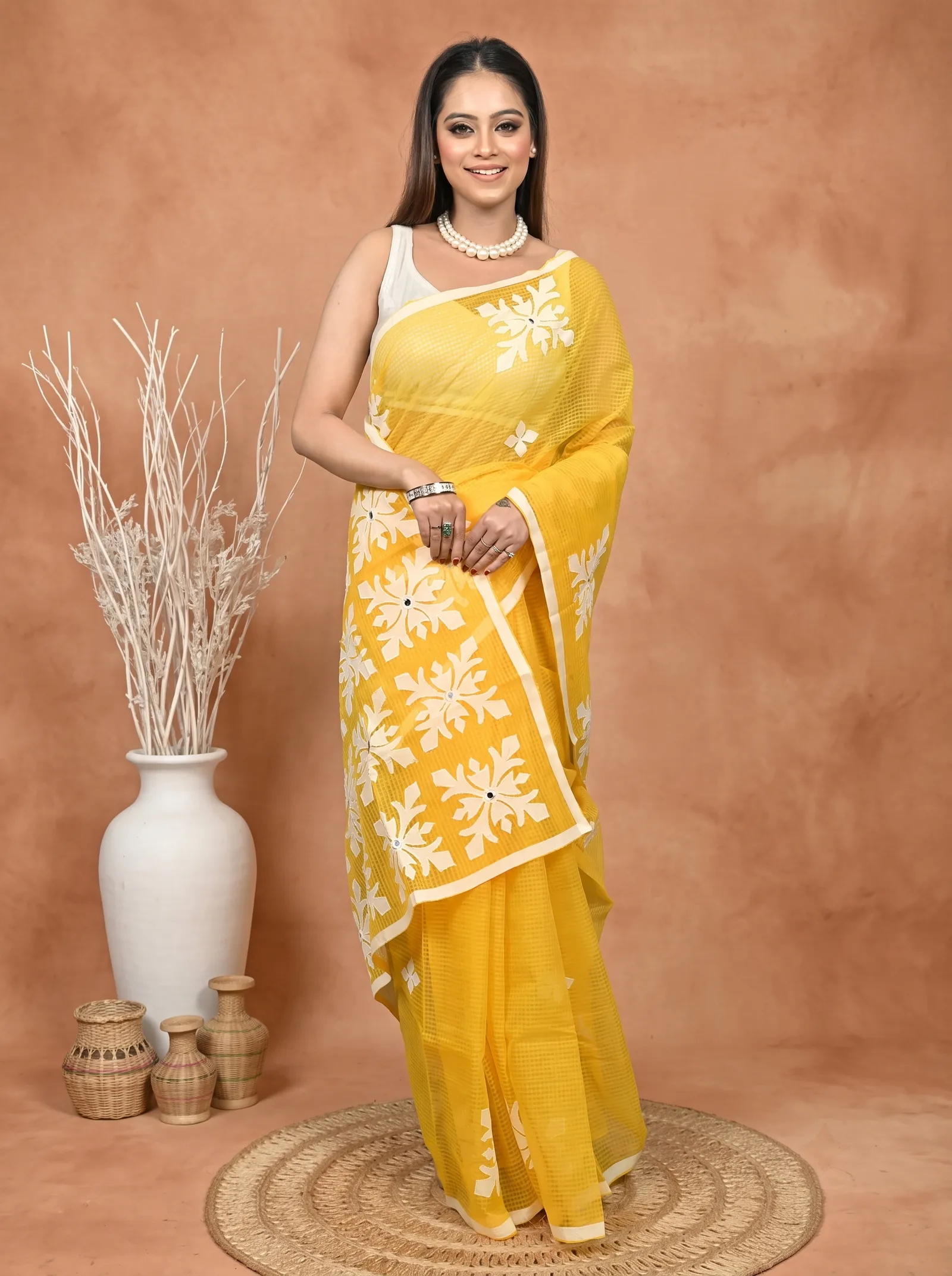 DipDiya Pure Cotton  Traditional Bengali Yellow White Artisan Crafted Kotaplik Kota Applique Saree
