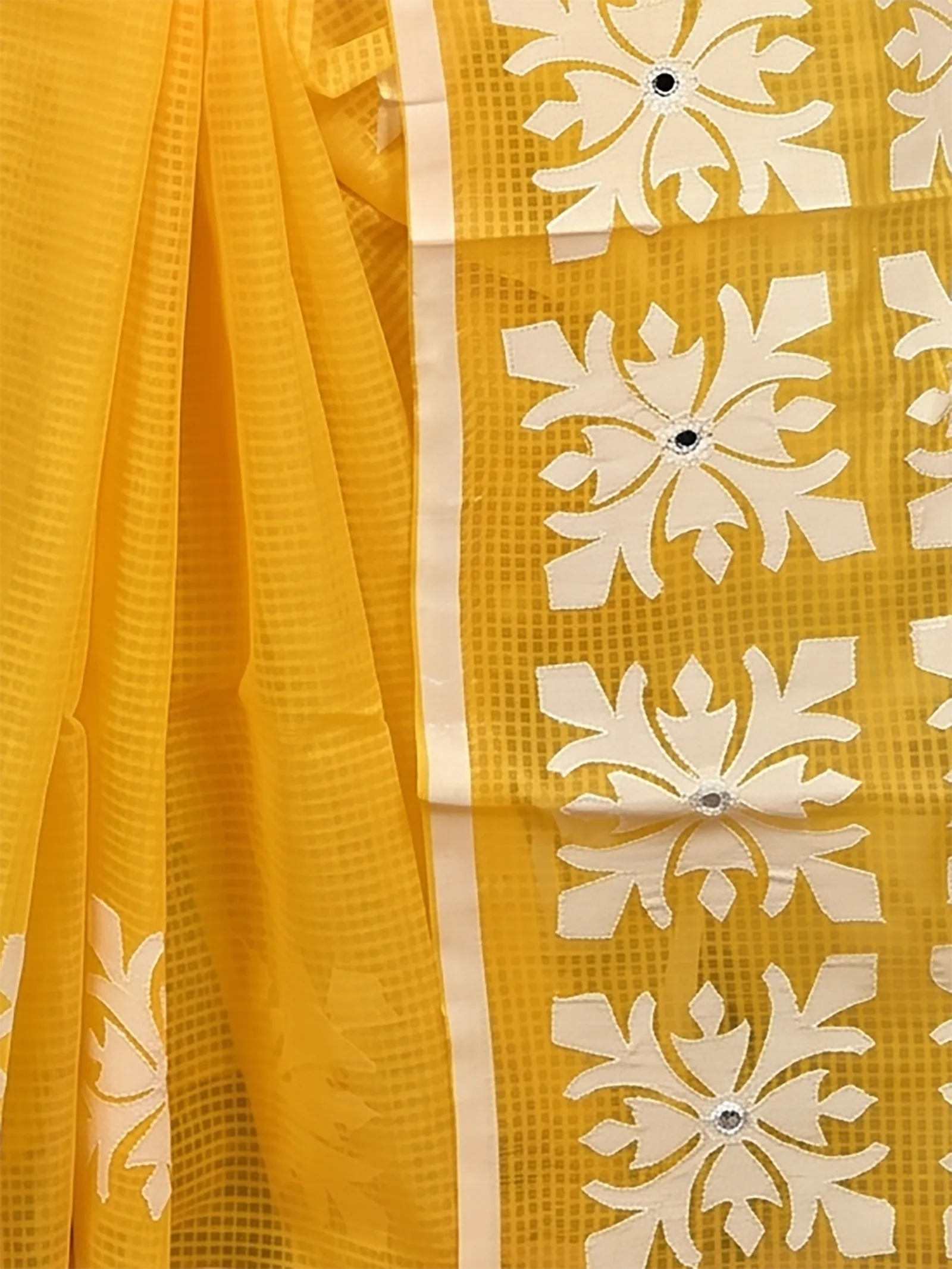 DipDiya Pure Cotton  Traditional Bengali Yellow White Artisan Crafted Kotaplik Kota Applique Saree