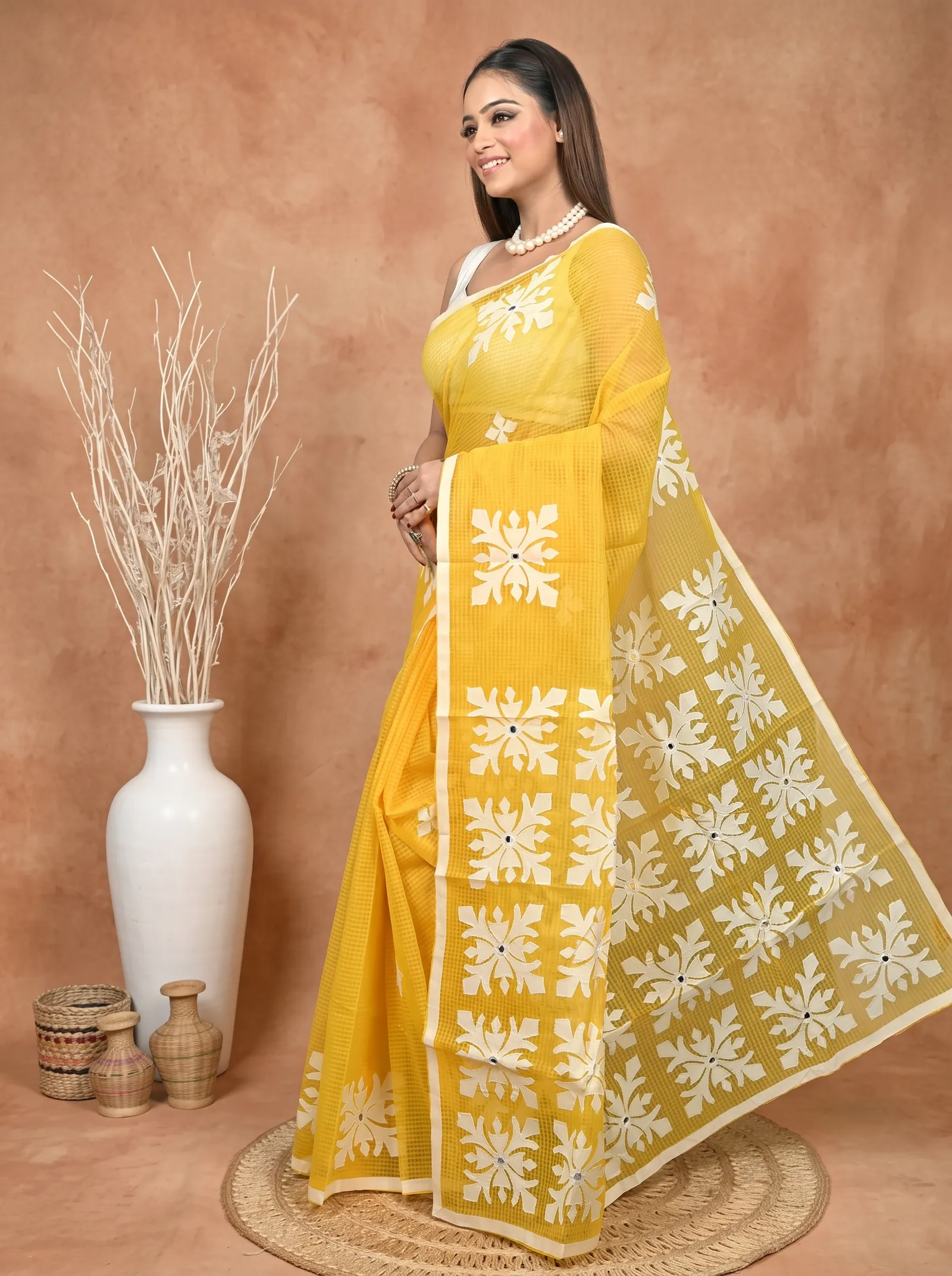 DipDiya Pure Cotton  Traditional Bengali Yellow White Artisan Crafted Kotaplik Kota Applique Saree