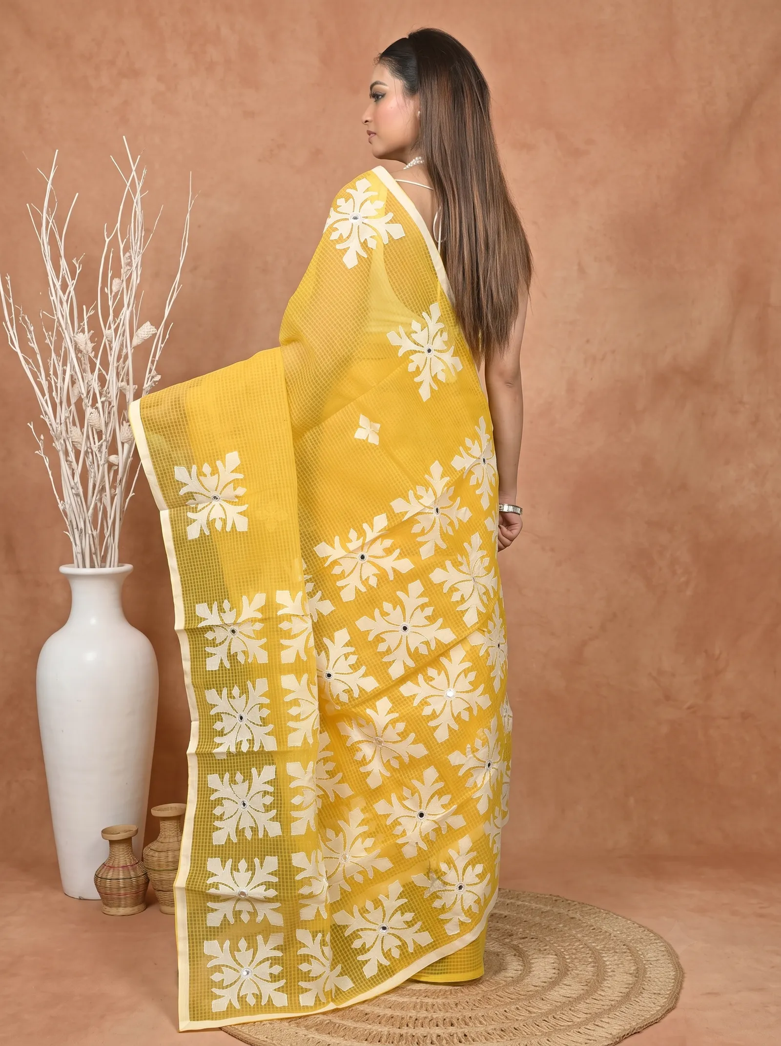 DipDiya Pure Cotton  Traditional Bengali Yellow White Artisan Crafted Kotaplik Kota Applique Saree