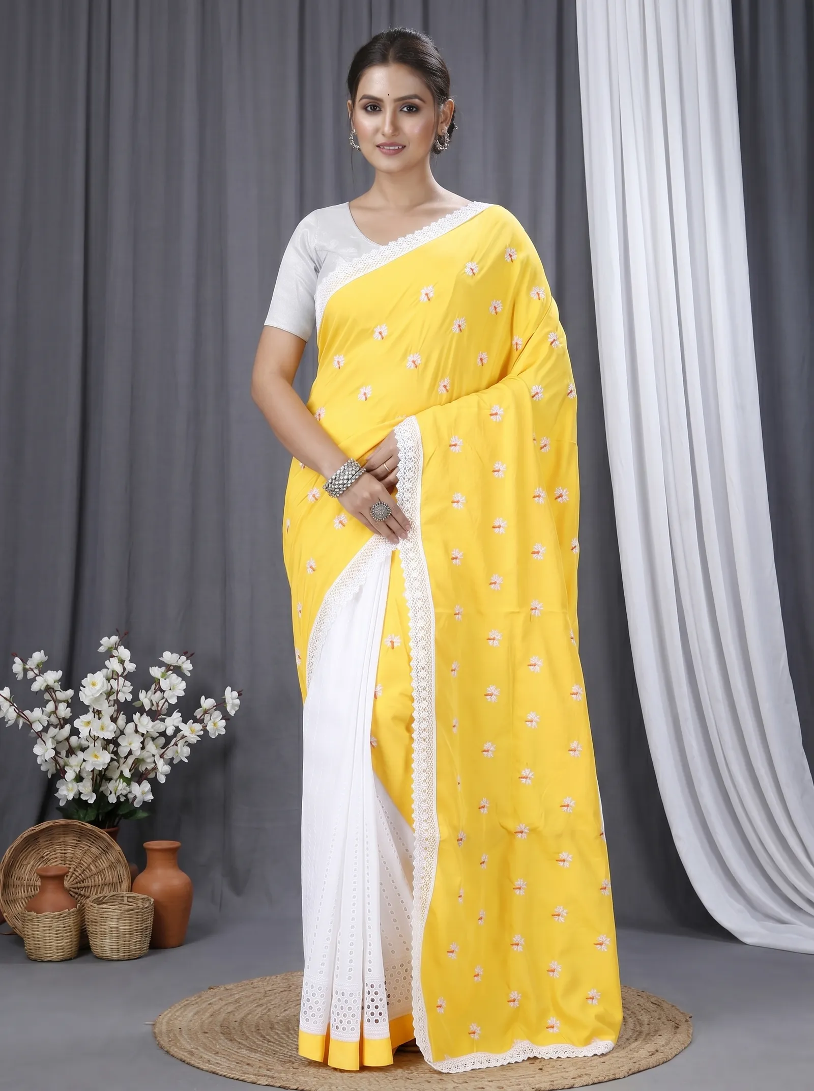 DipDiya Pure Cotton  Traditional Bengali Yellow White Artisan Crafted LalPori Handloom Saree