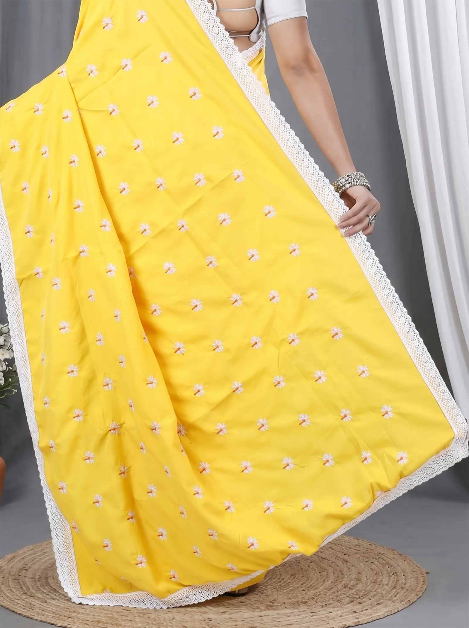 DipDiya Pure Cotton  Traditional Bengali Yellow White Artisan Crafted LalPori Handloom Saree