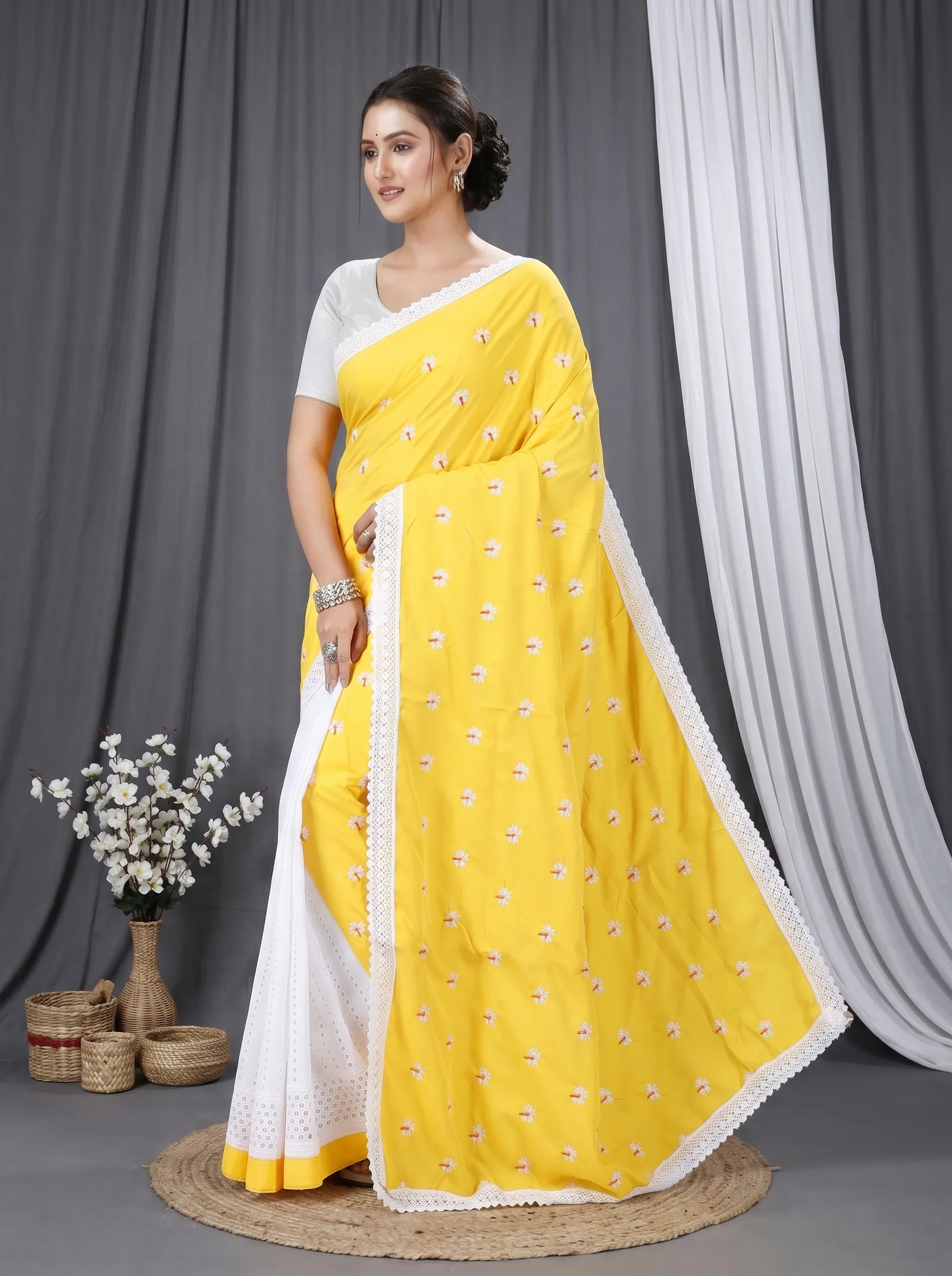 DipDiya Pure Cotton  Traditional Bengali Yellow White Artisan Crafted LalPori Handloom Saree