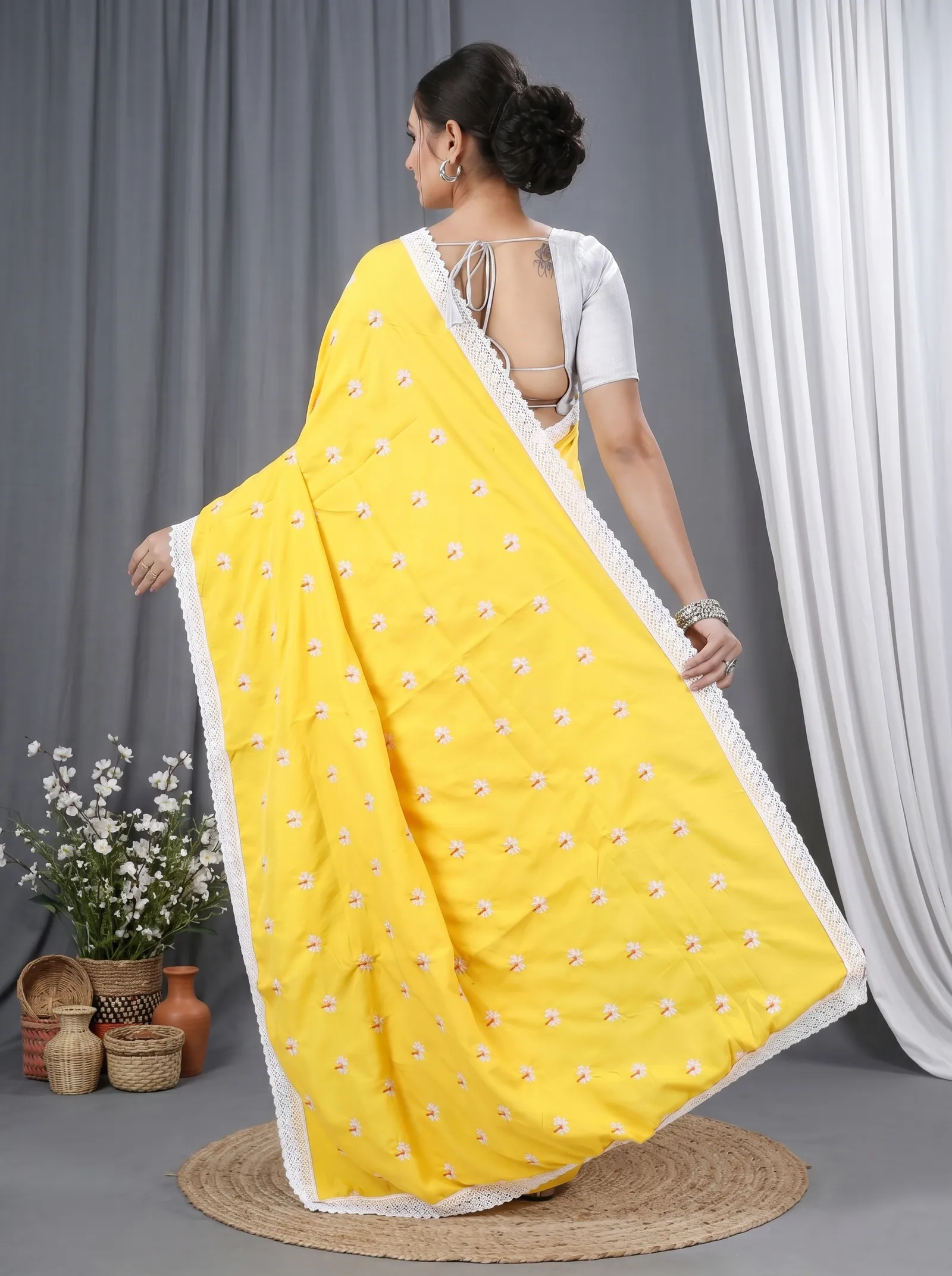 DipDiya Pure Cotton  Traditional Bengali Yellow White Artisan Crafted LalPori Handloom Saree