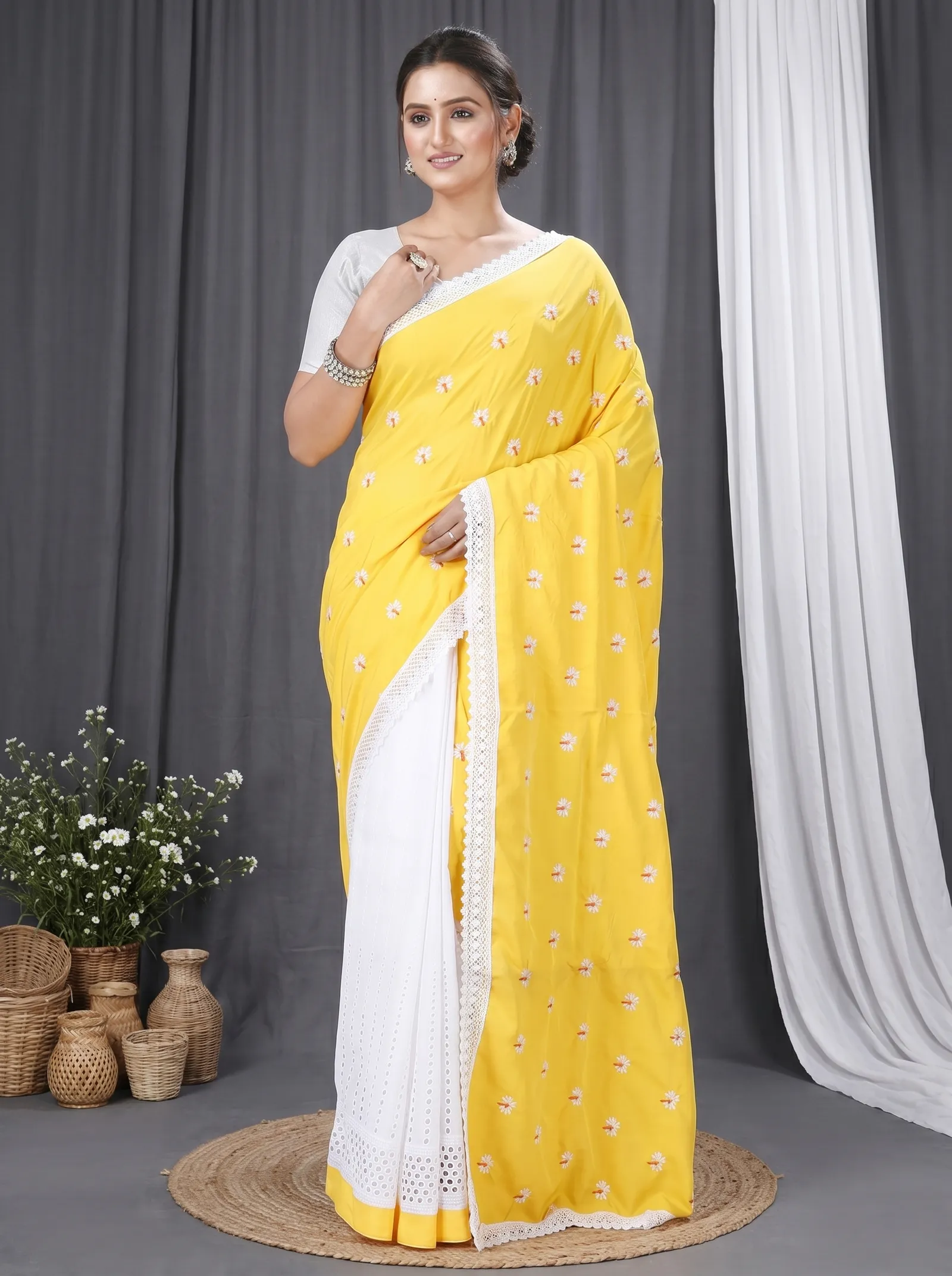 DipDiya Pure Cotton  Traditional Bengali Yellow White Artisan Crafted LalPori Handloom Saree