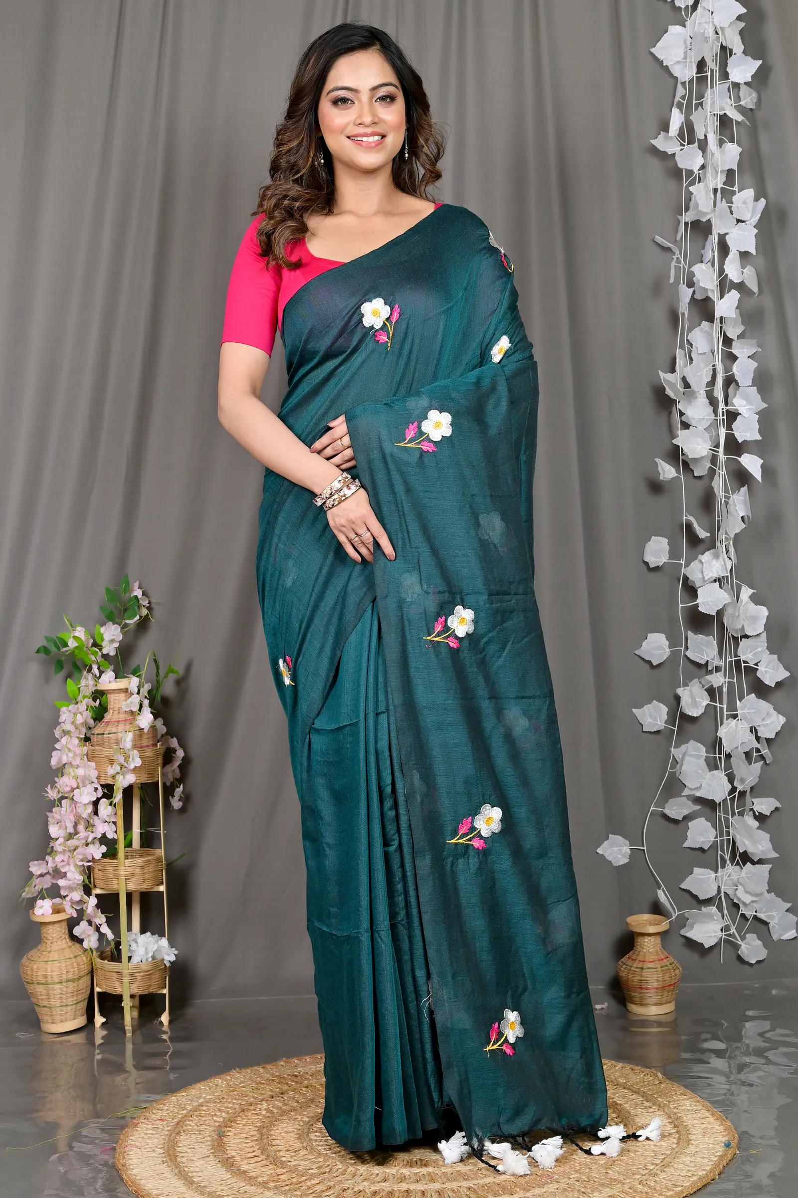 DipDiya Pure Cotton Turquoise Green Paray A Legacy Woven Embroidery Handloom sarees