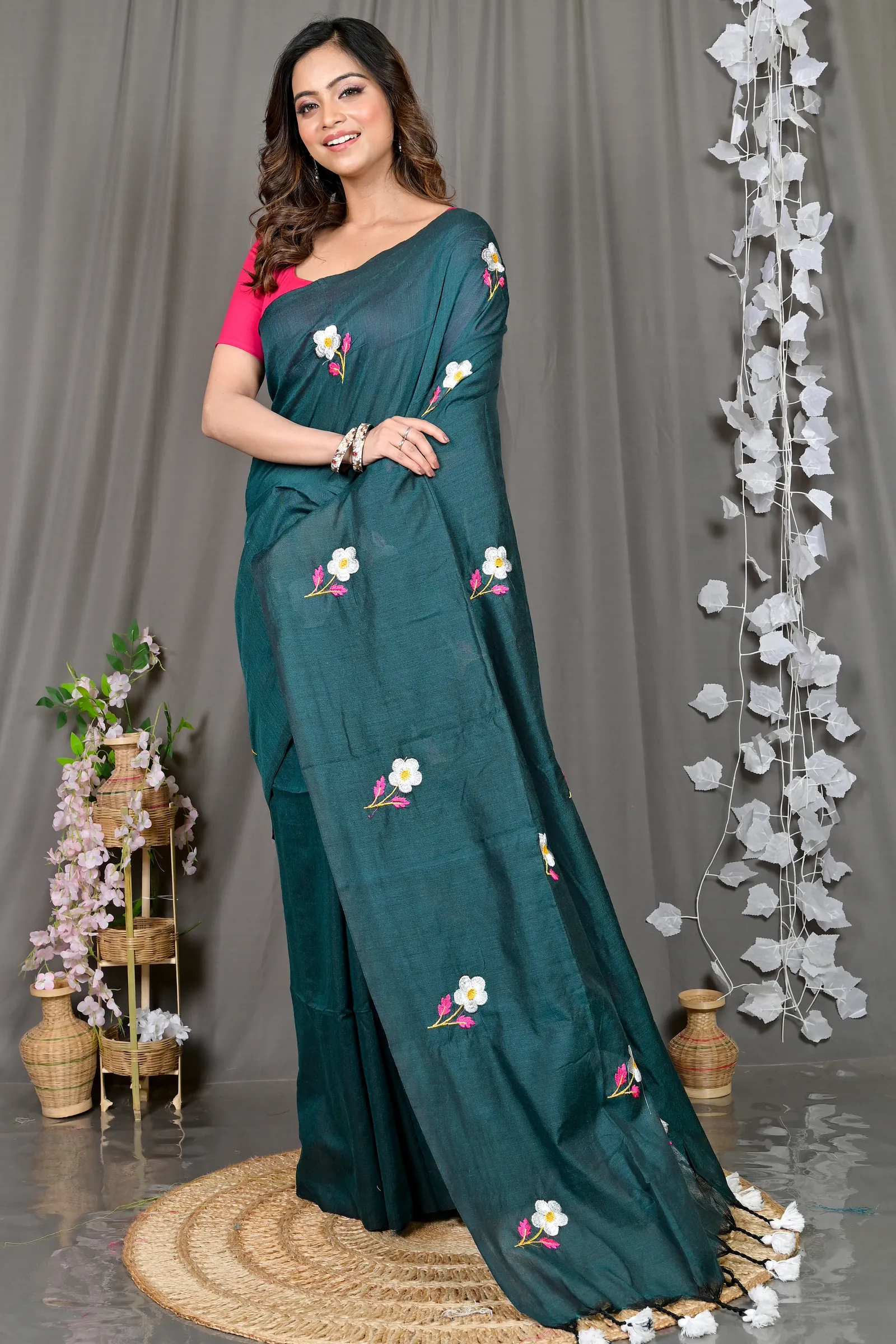 DipDiya Pure Cotton Turquoise Green Paray A Legacy Woven Embroidery Handloom sarees